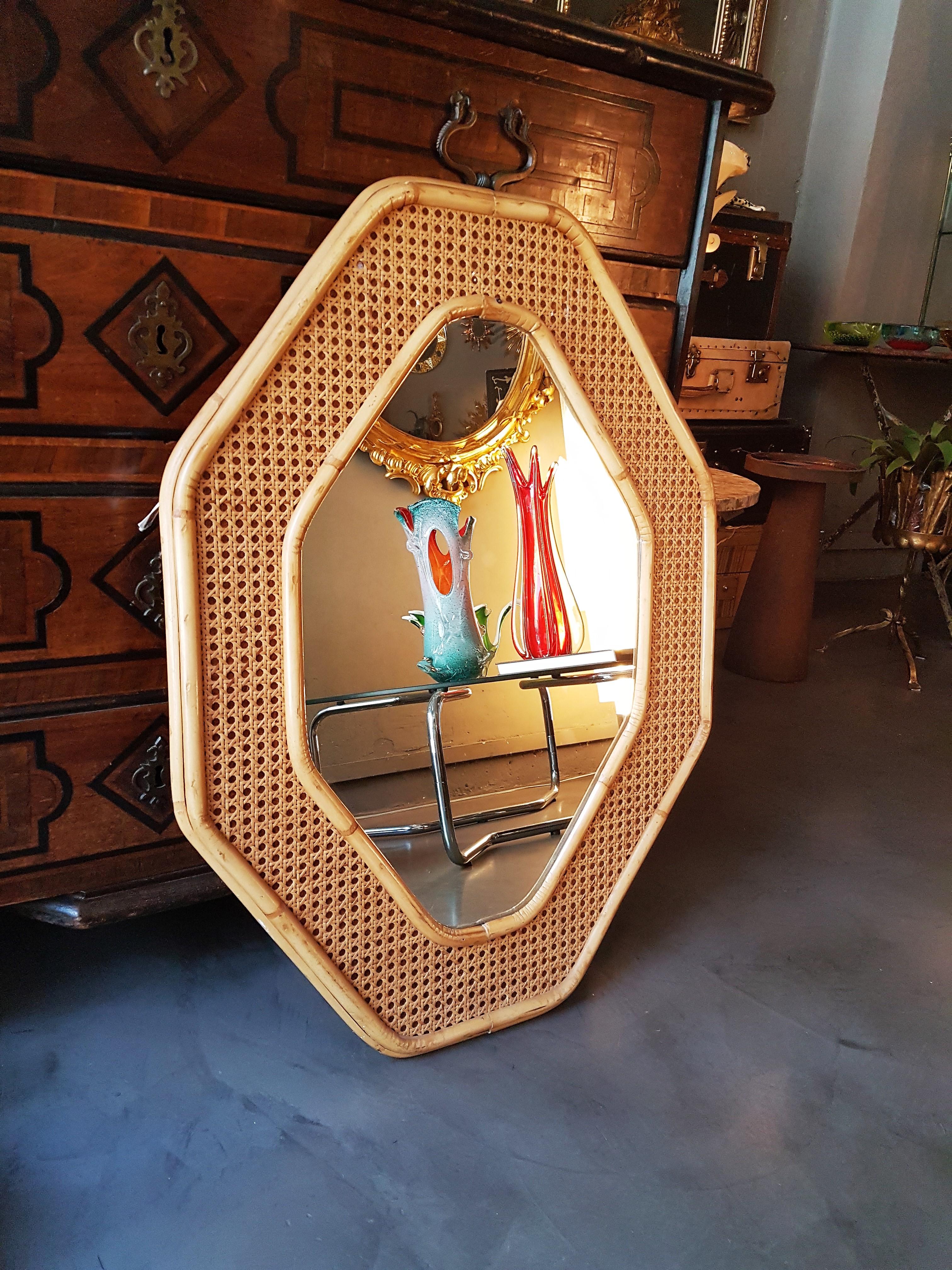 Hand-Crafted Midcentury Dior & Gabriella Crespi Style Rattan and Bamboo Octagonal Mirror