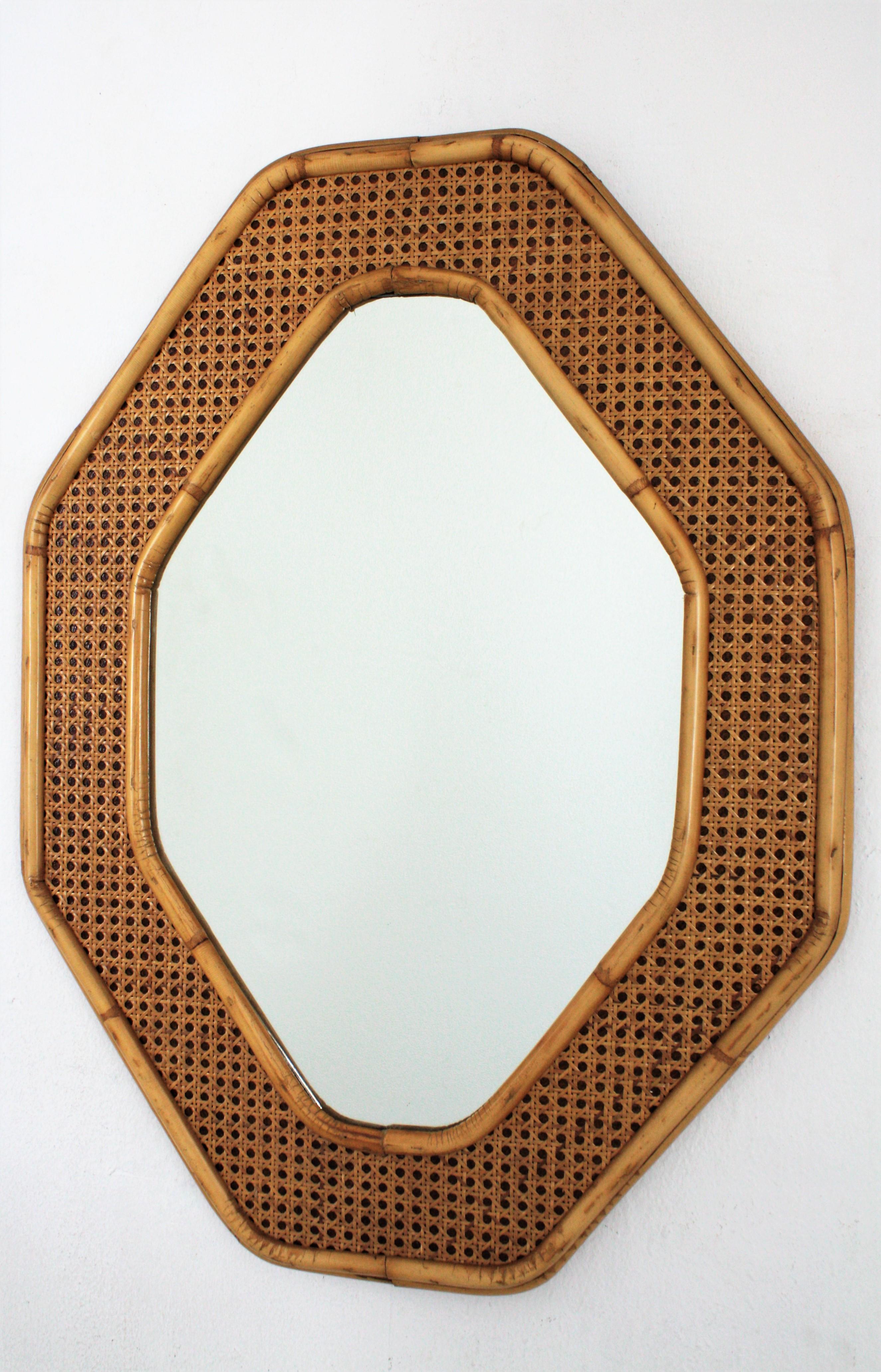 Midcentury Dior & Gabriella Crespi Style Rattan and Bamboo Octagonal Mirror In Excellent Condition In Barcelona, ES