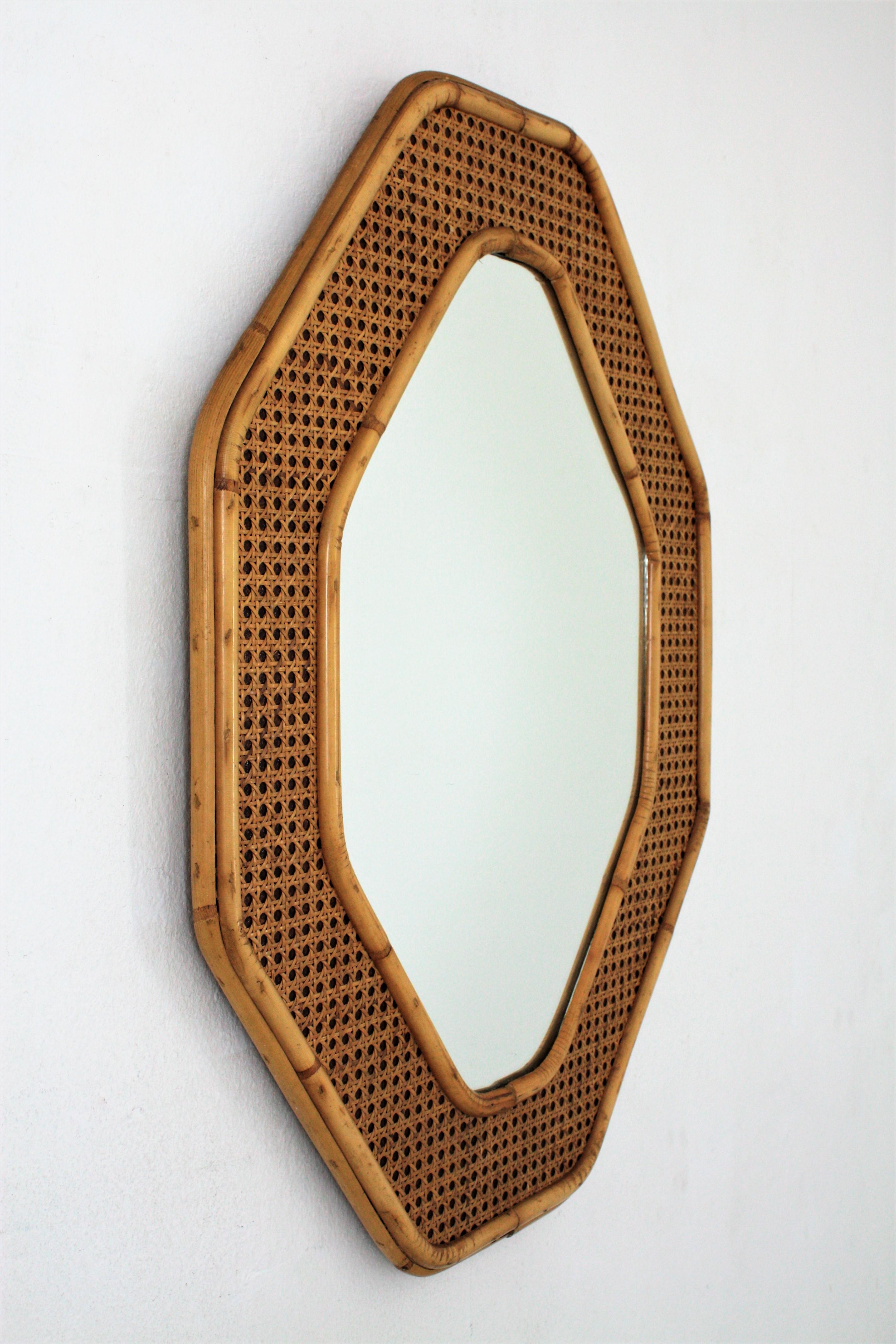 Midcentury Dior & Gabriella Crespi Style Rattan and Bamboo Octagonal Mirror 1