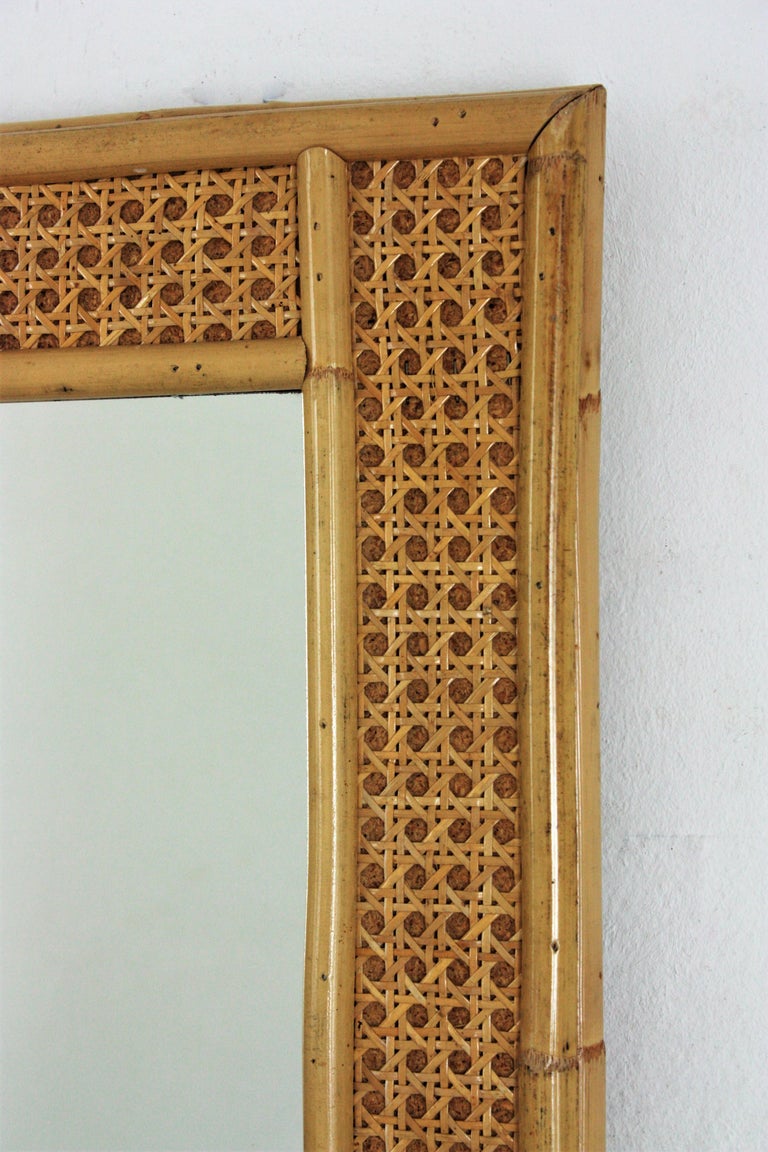 Christian Dior & Gabriella Crespi Style Rattan and Bamboo Rectangular Mirror In Good Condition For Sale In Barcelona, ES