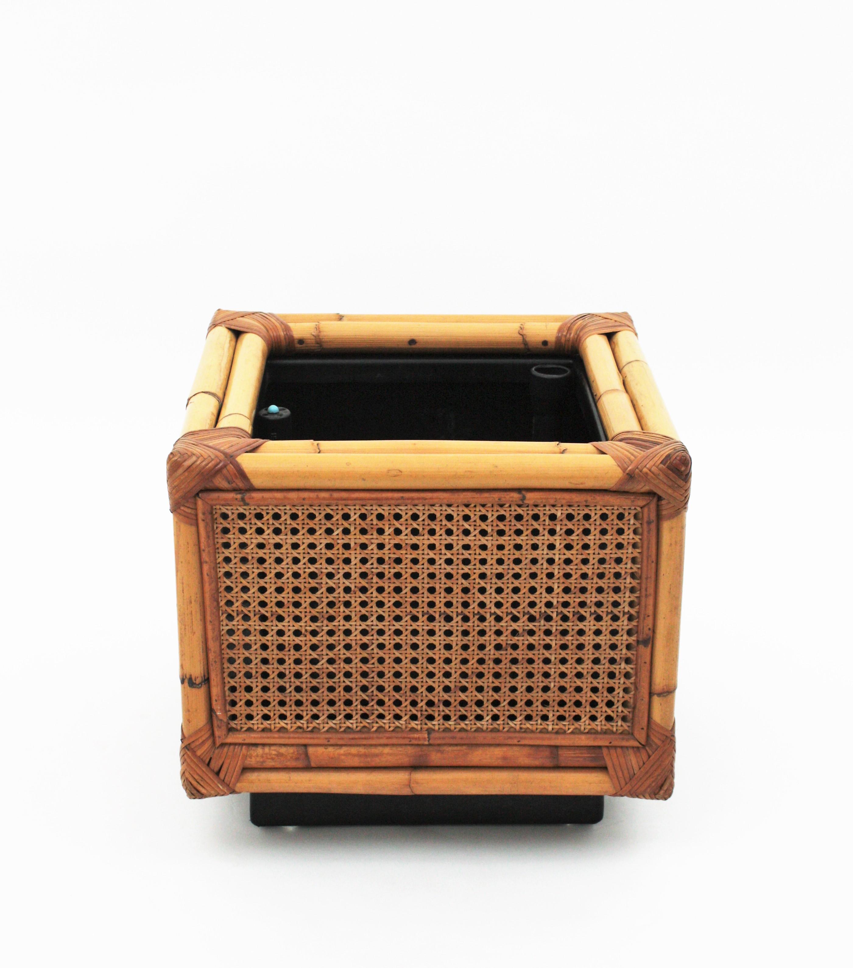 Mid-Century Modern Dior Home Rattan and Bamboo Square Planter Jardiniere