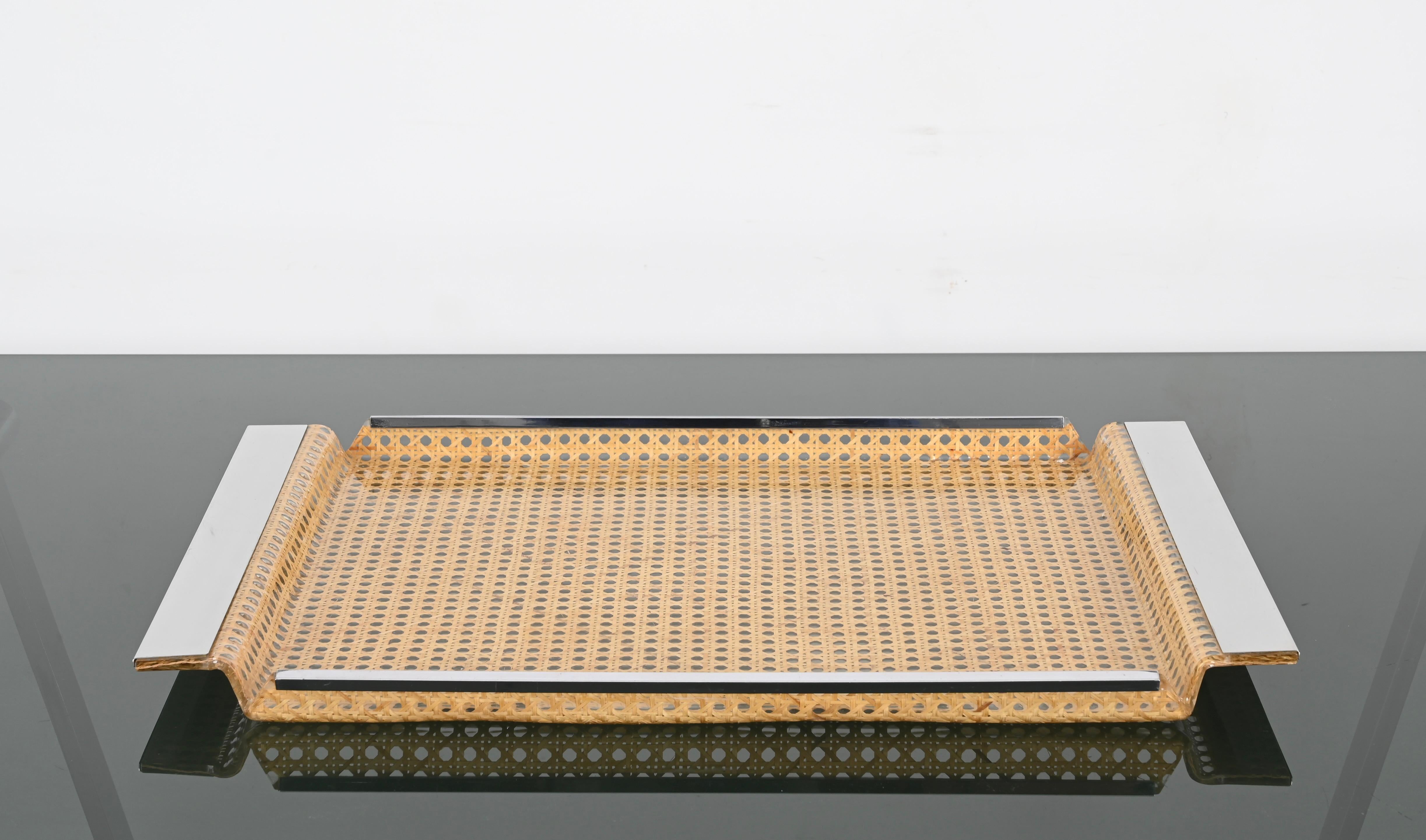 20th Century Midcentury Dior Style Lucite Chrome and Vienna Straw Serving Tray, France 1970s For Sale