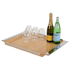 Midcentury Dior Style Lucite Chrome and Vienna Straw Serving Tray, France 1970s