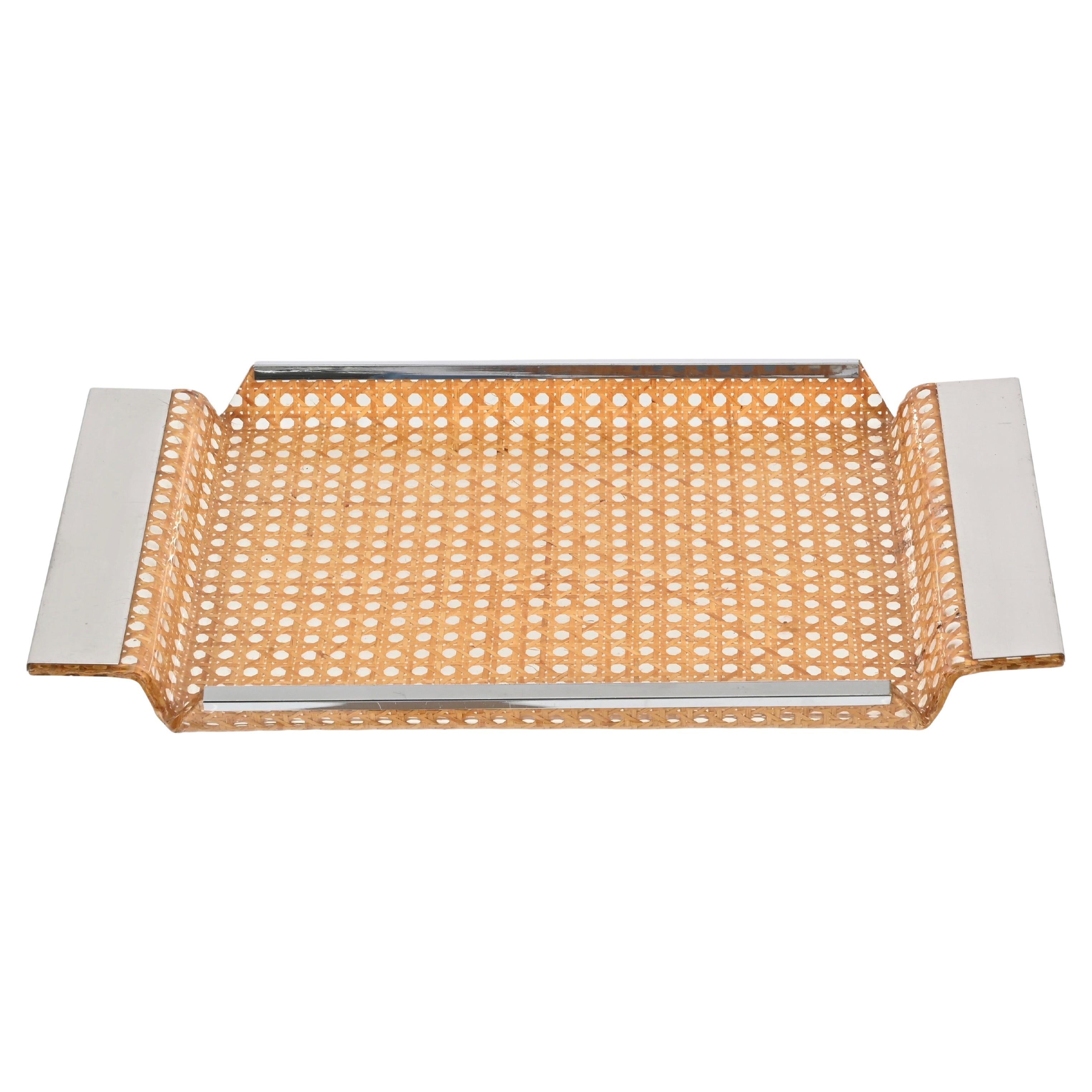 Midcentury Dior Style Lucite Chrome and Vienna Straw Serving Tray, France, 1970s