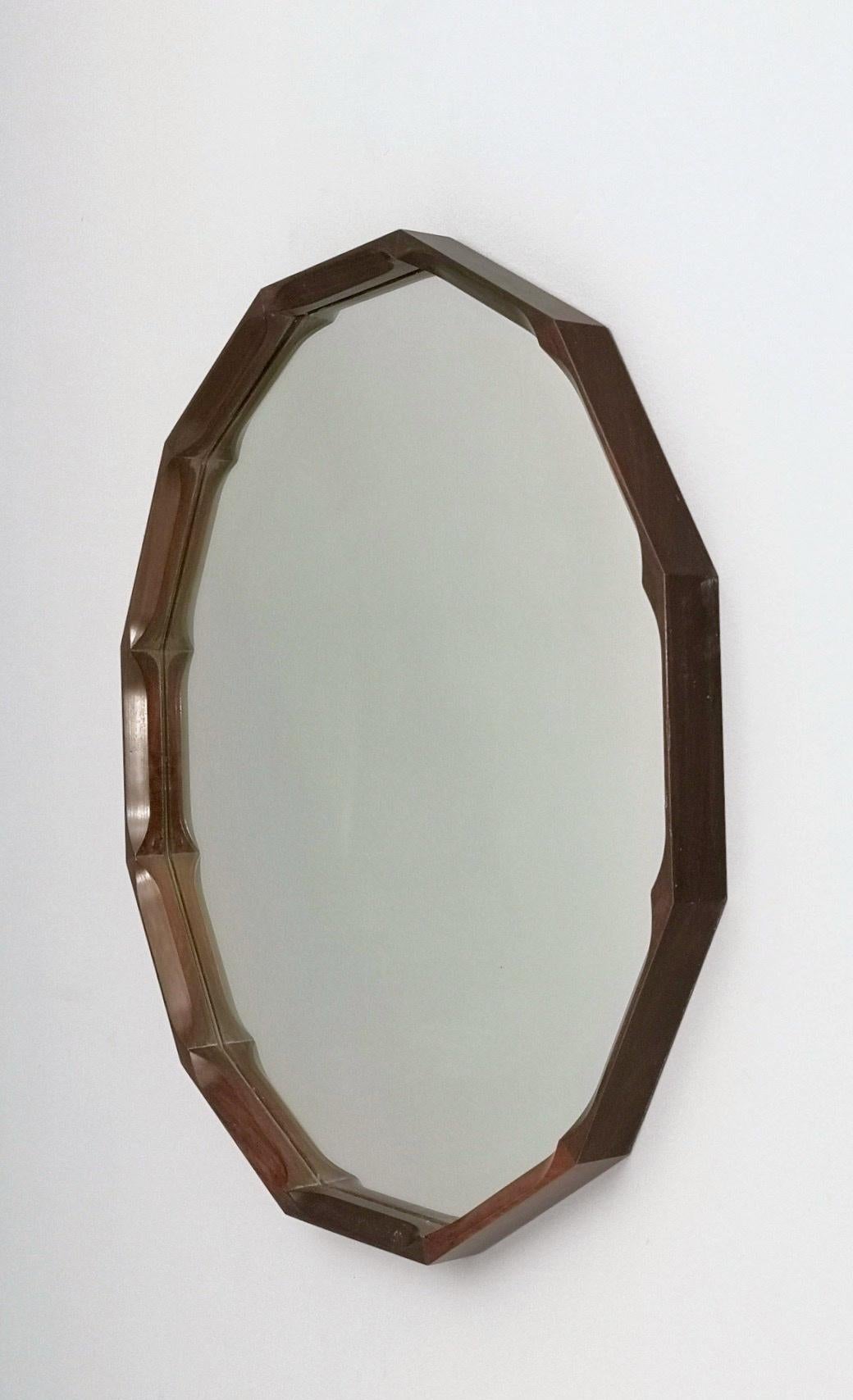 Midcentury Dodecagonal Solid Mahogany Wall Mirror by Dino Cavalli, Italy 1970s In Excellent Condition In Bresso, Lombardy