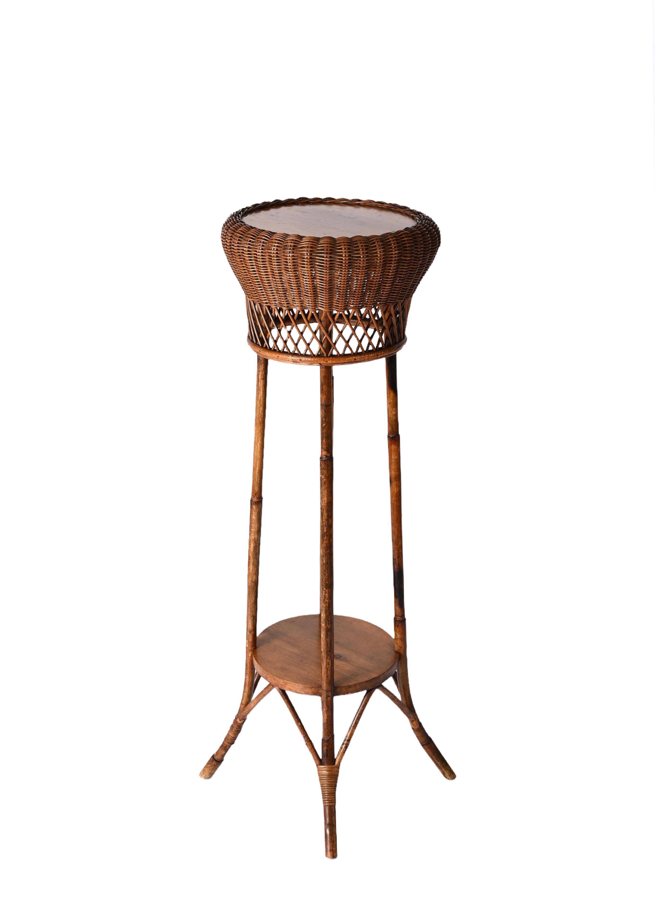 Midcentury Double-Levelled Circular Rattan and Bamboo Italian Pedestal, 1950s For Sale 4