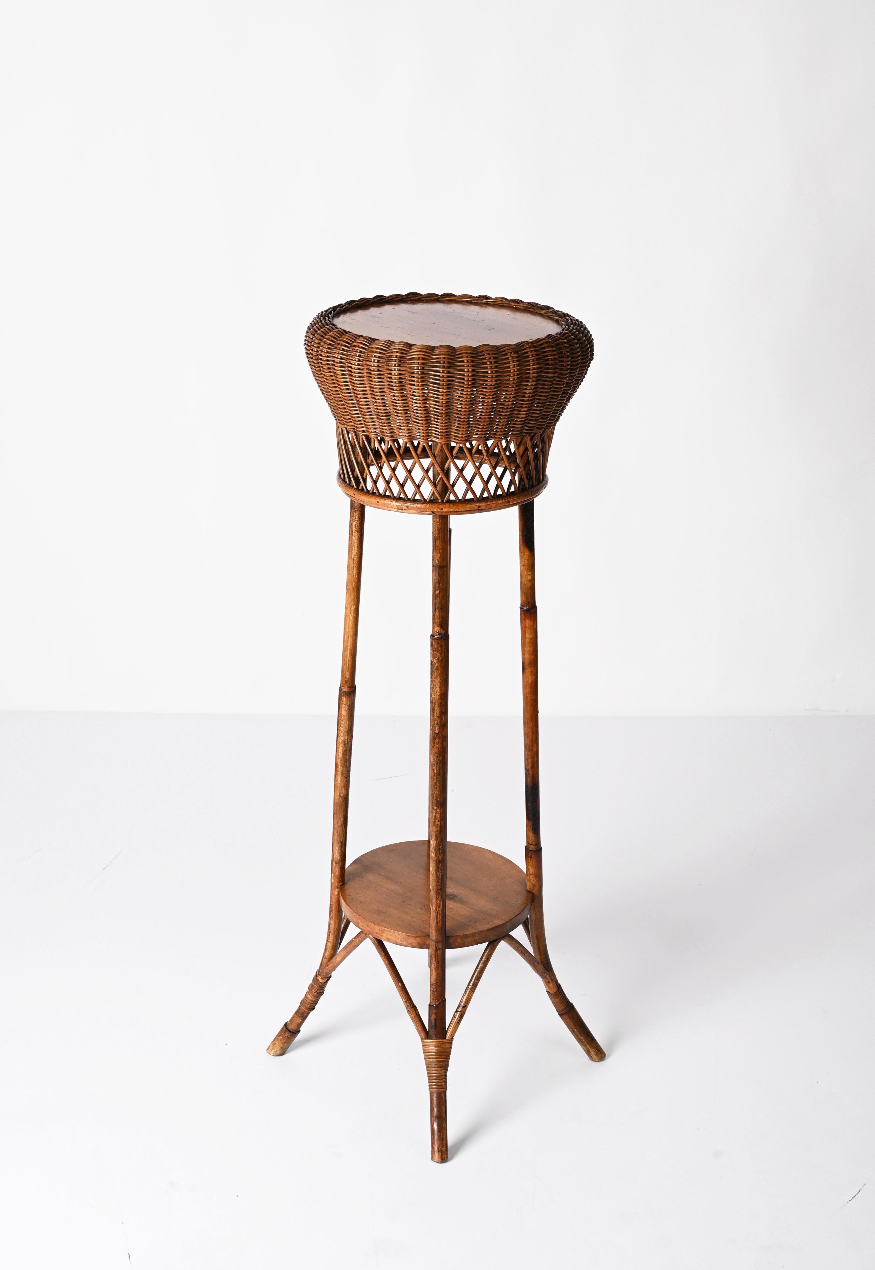 Midcentury Double-Levelled Circular Rattan and Bamboo Italian Pedestal, 1950s For Sale 5