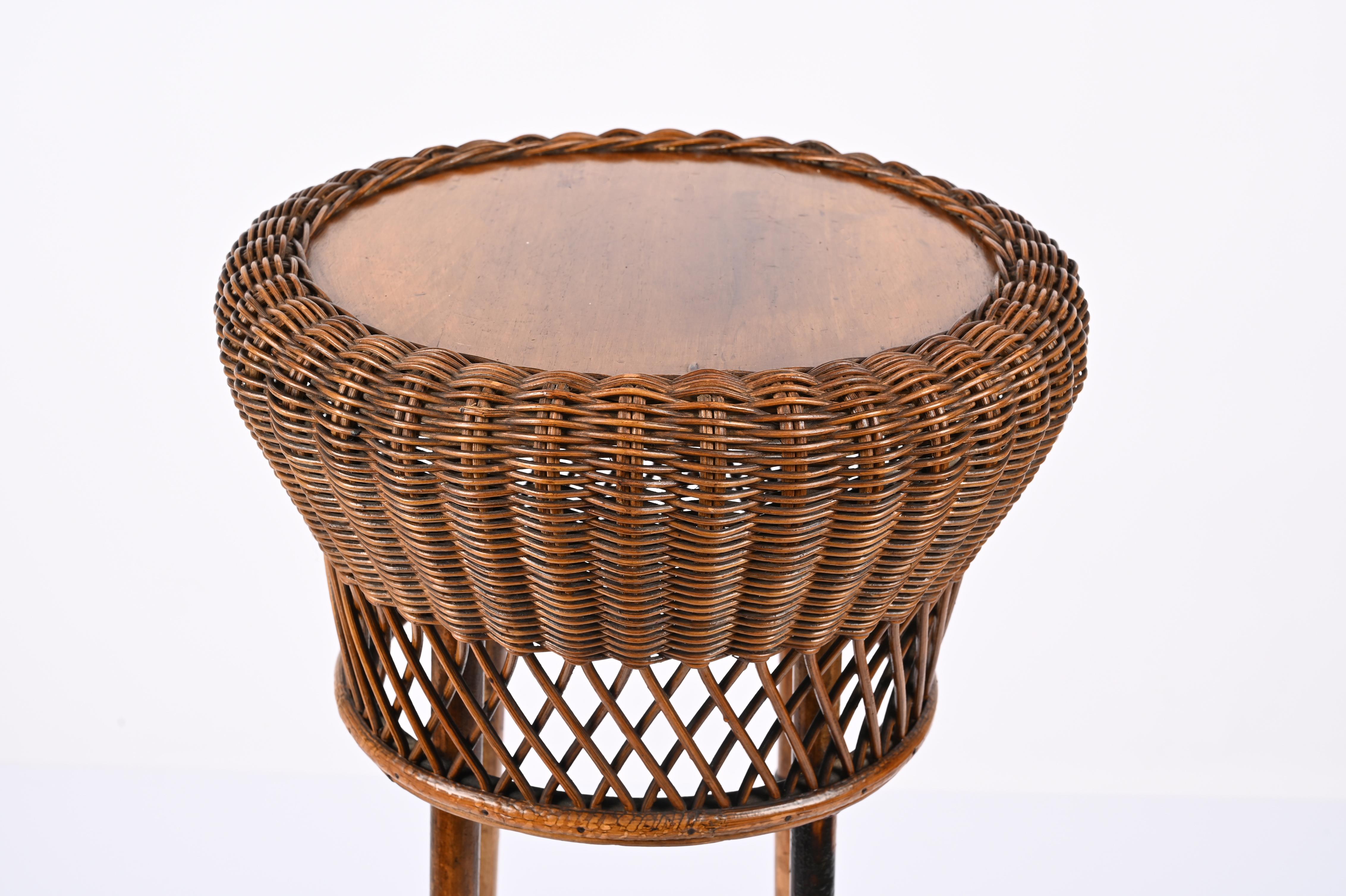 Midcentury Double-Levelled Circular Rattan and Bamboo Italian Pedestal, 1950s For Sale 6