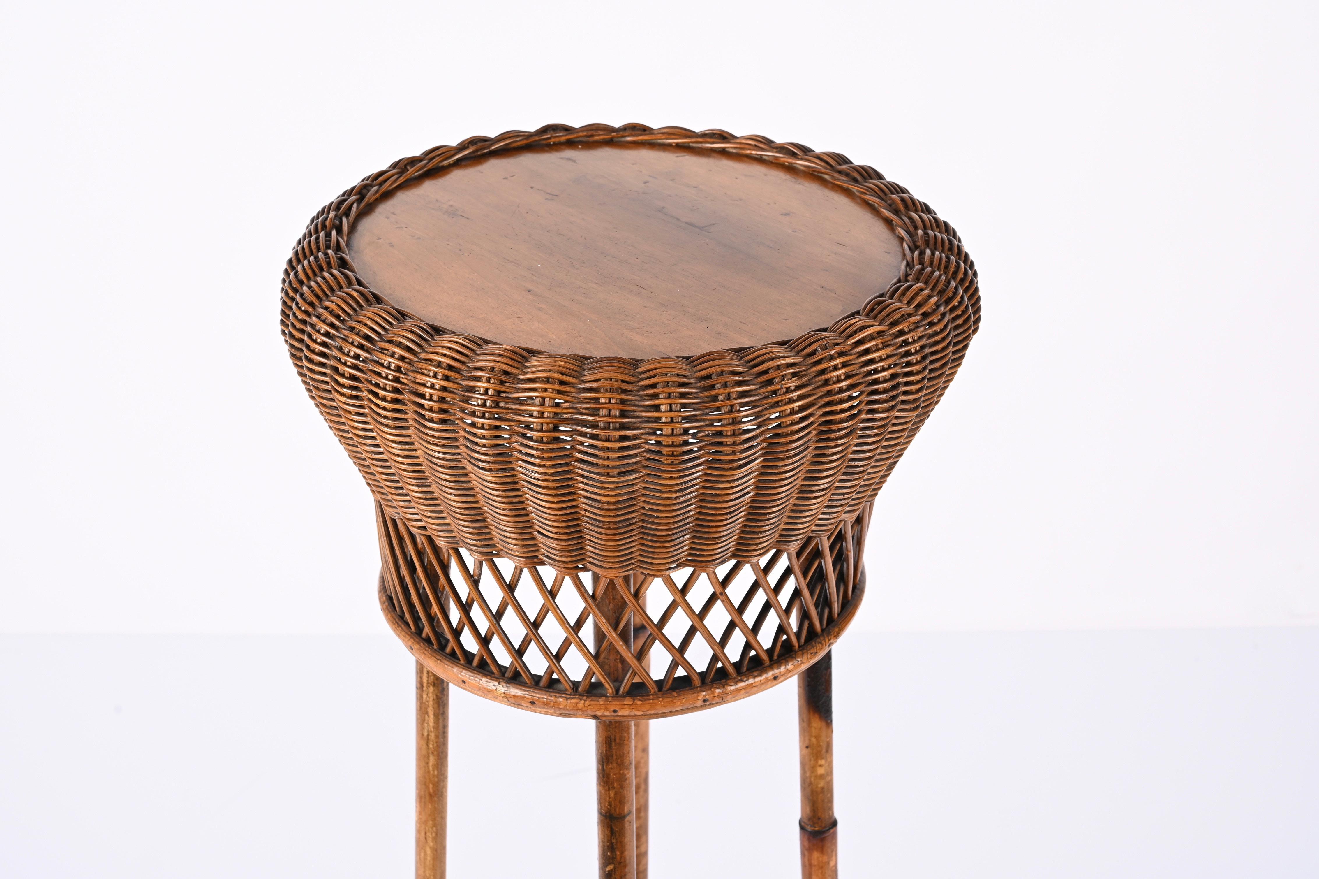 Midcentury Double-Levelled Circular Rattan and Bamboo Italian Pedestal, 1950s For Sale 7