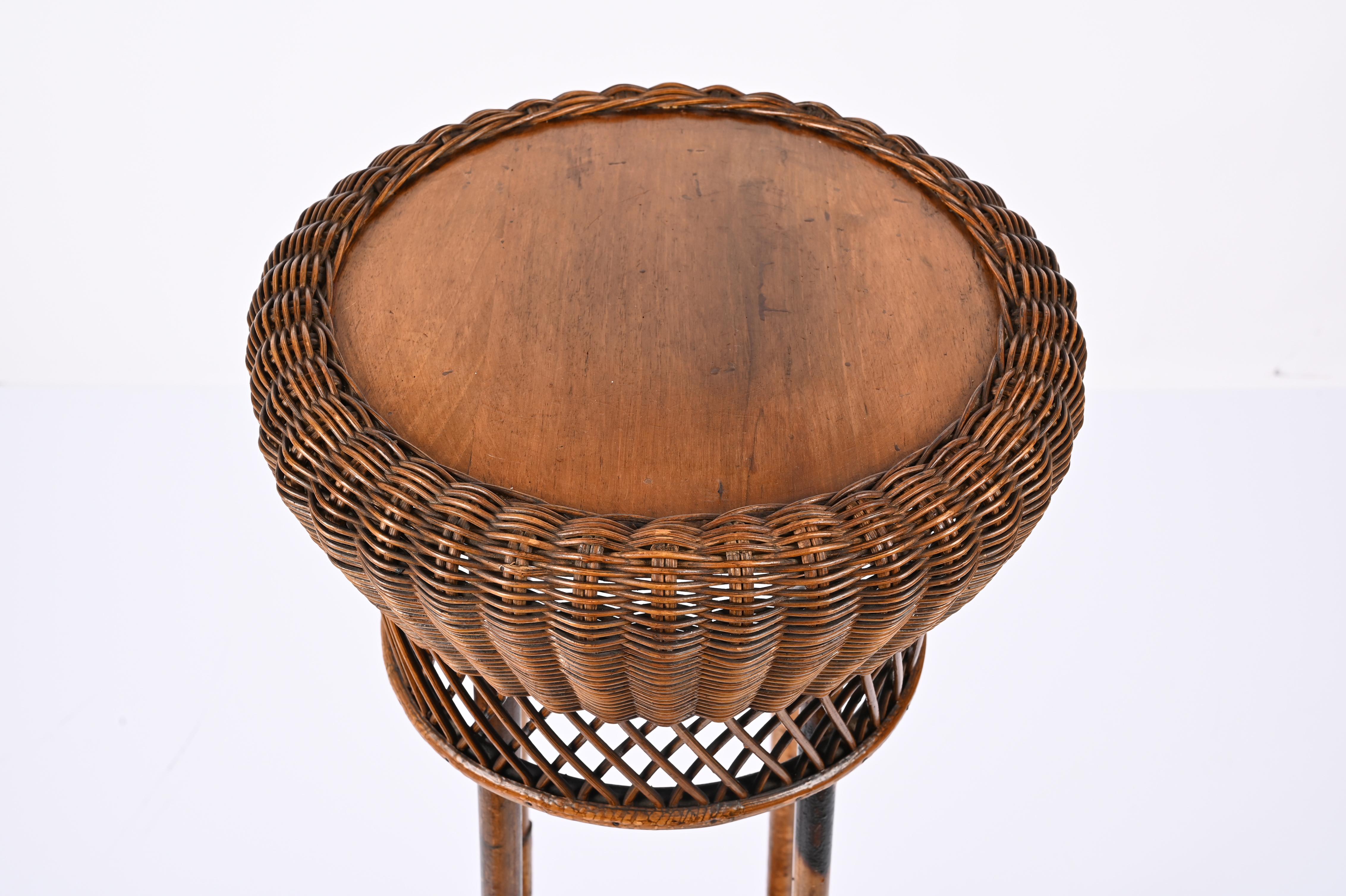Midcentury Double-Levelled Circular Rattan and Bamboo Italian Pedestal, 1950s For Sale 8