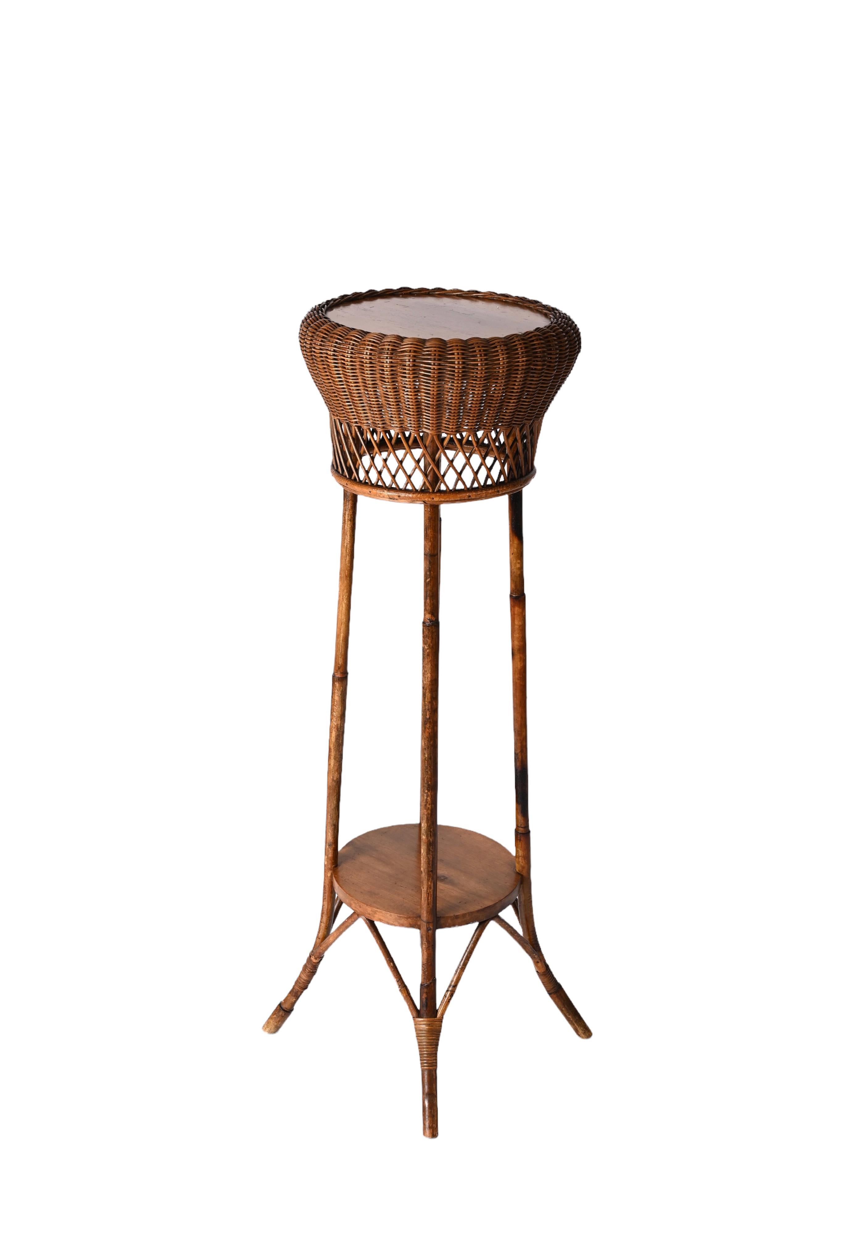 Mid-Century Modern Midcentury Double-Levelled Circular Rattan and Bamboo Italian Pedestal, 1950s For Sale