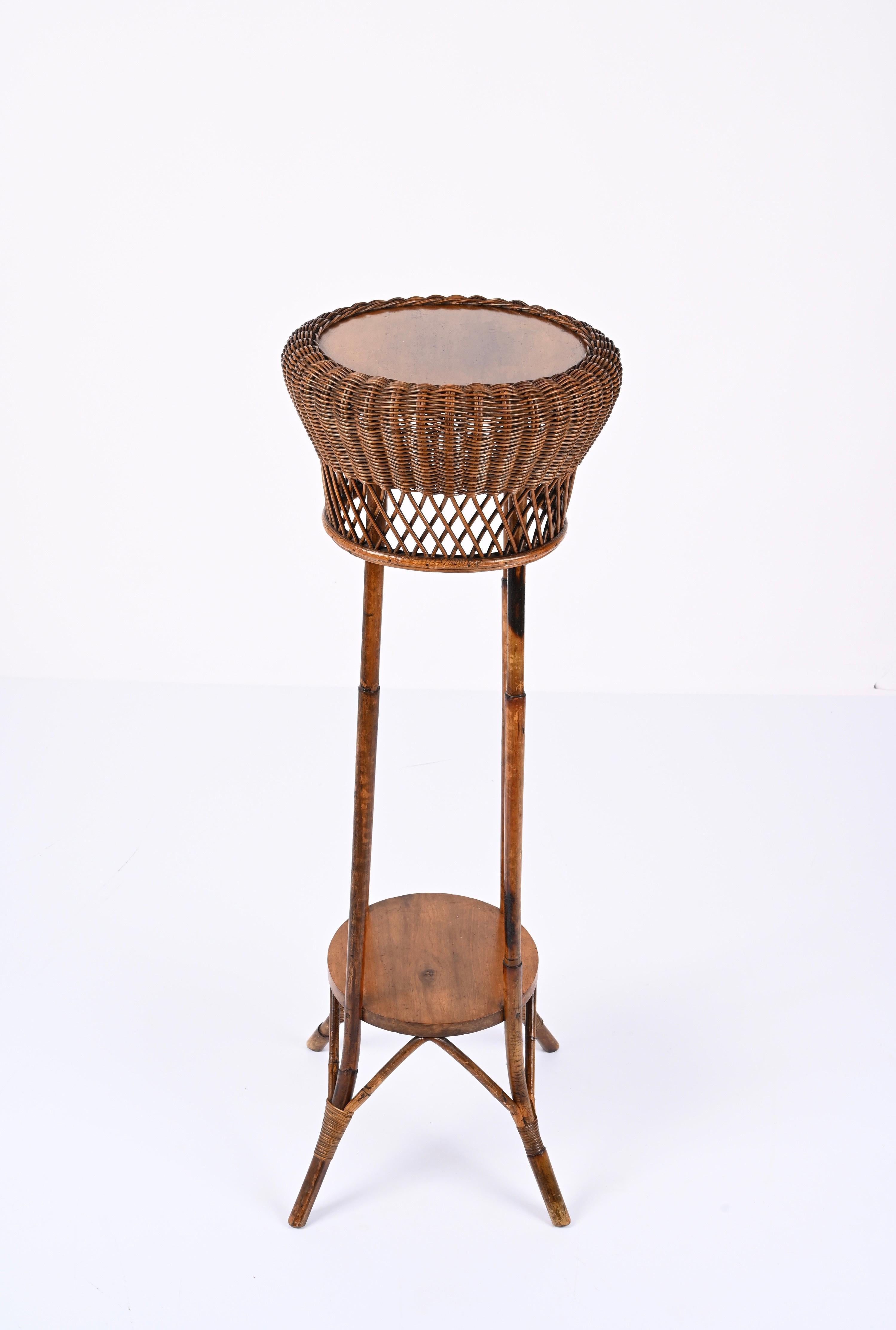 20th Century Midcentury Double-Levelled Circular Rattan and Bamboo Italian Pedestal, 1950s For Sale