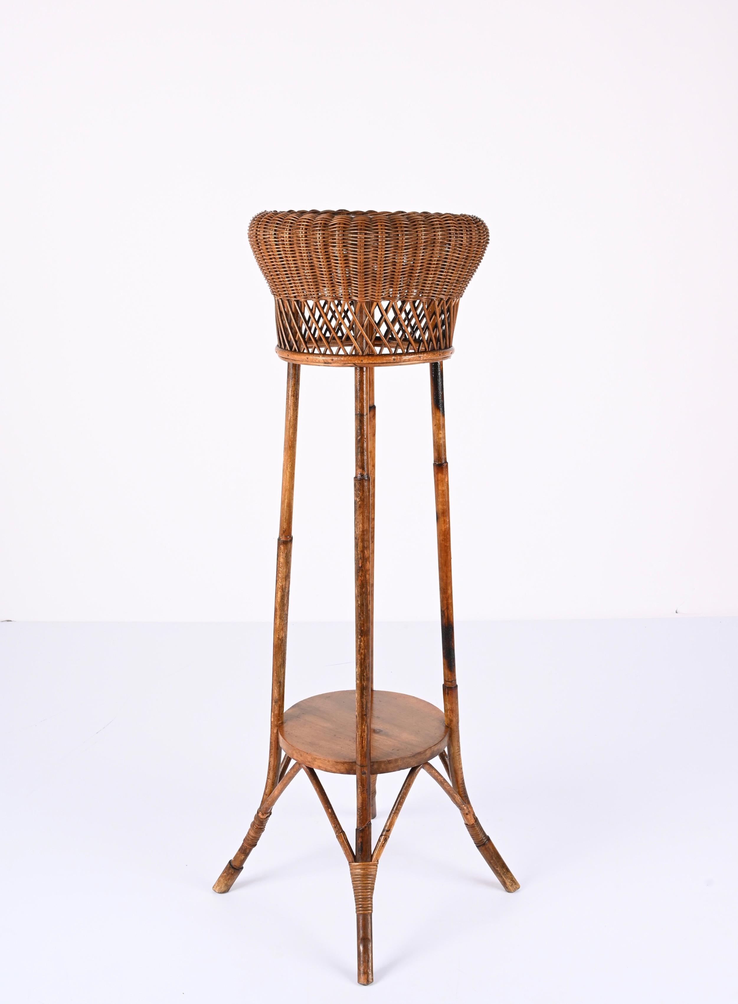 Wood Midcentury Double-Levelled Circular Rattan and Bamboo Italian Pedestal, 1950s For Sale