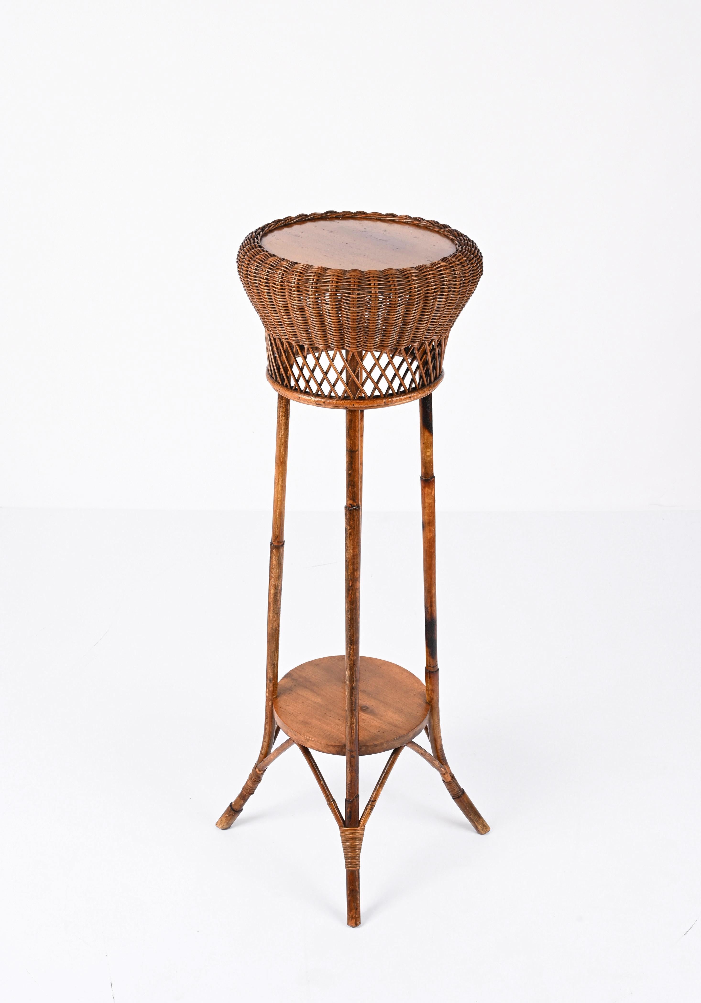 Midcentury Double-Levelled Circular Rattan and Bamboo Italian Pedestal, 1950s For Sale 2