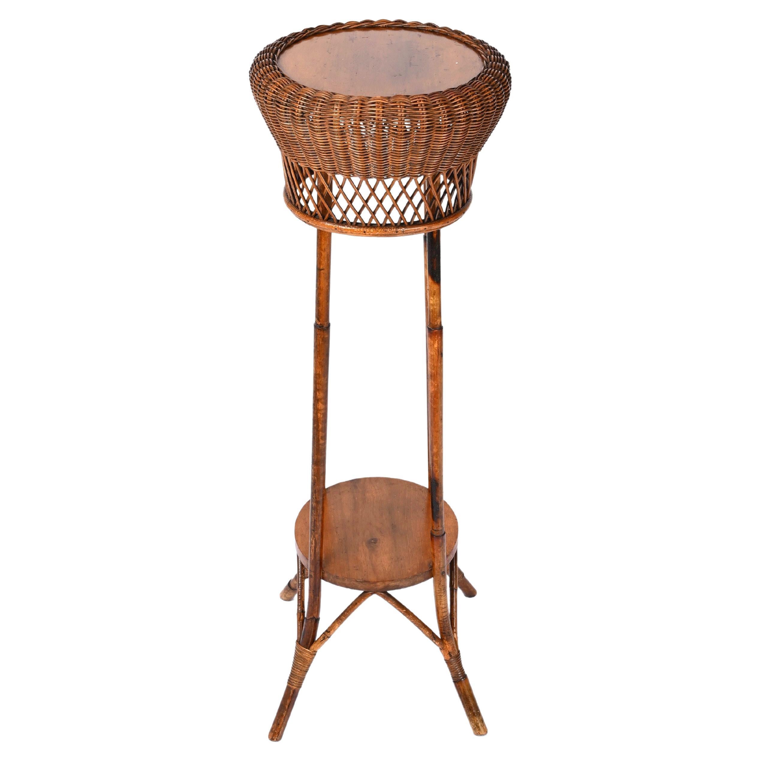 Midcentury Double-Levelled Circular Rattan and Bamboo Italian Pedestal, 1950s For Sale