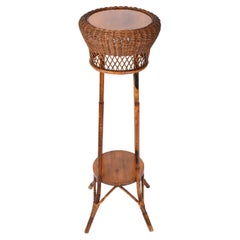 Used Midcentury Double-Levelled Circular Rattan and Bamboo Italian Pedestal, 1950s