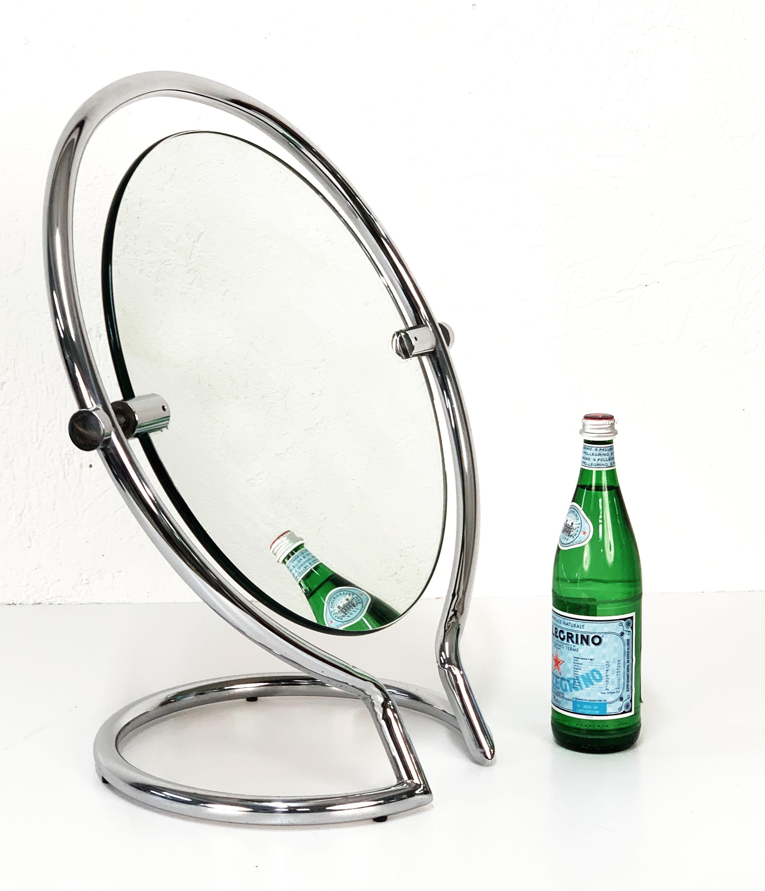 Midcentury Double Sided Italian Round Chromed Steel Dressing Mirror, 1970s For Sale 7