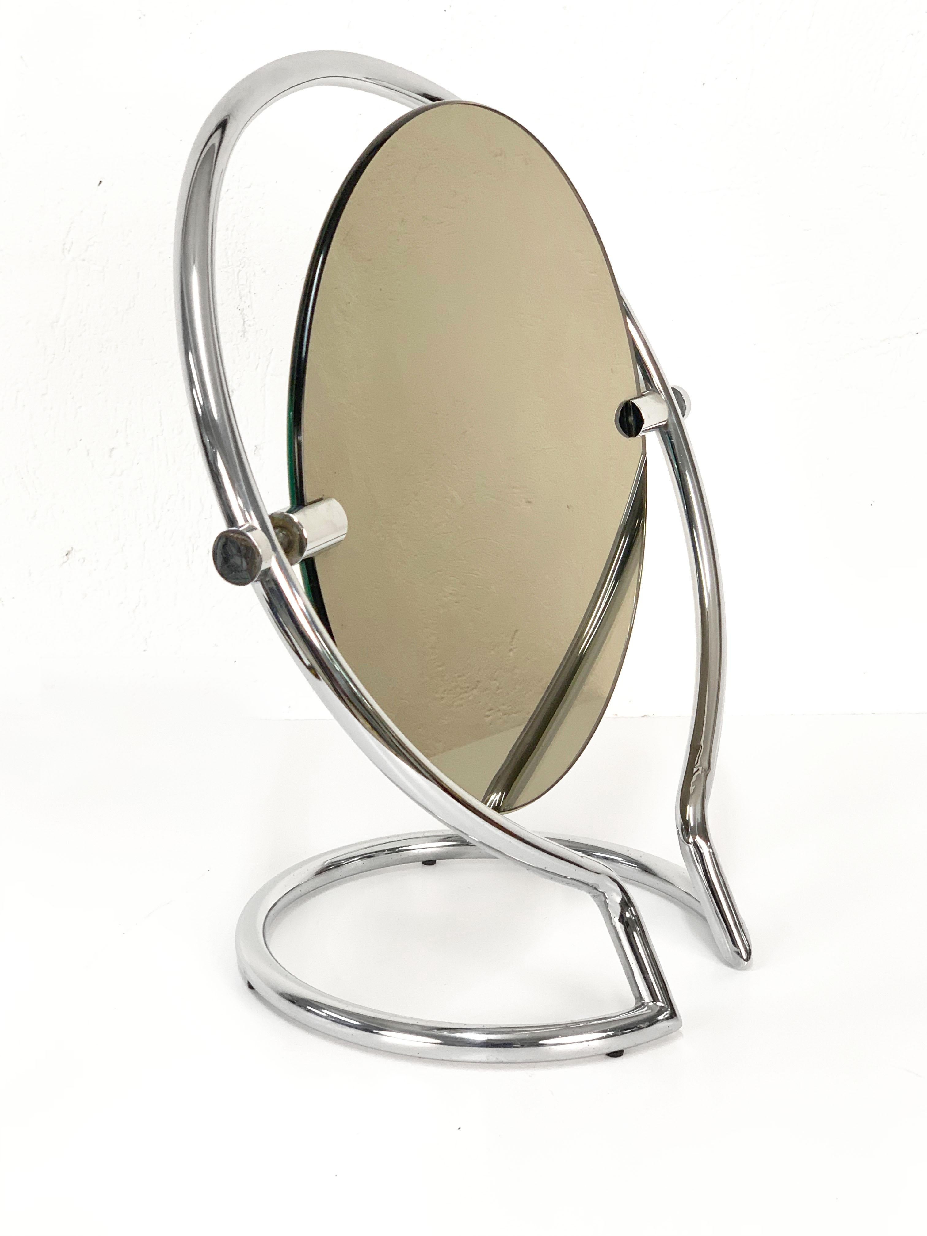 Midcentury Double Sided Italian Round Chromed Steel Dressing Mirror, 1970s For Sale 2