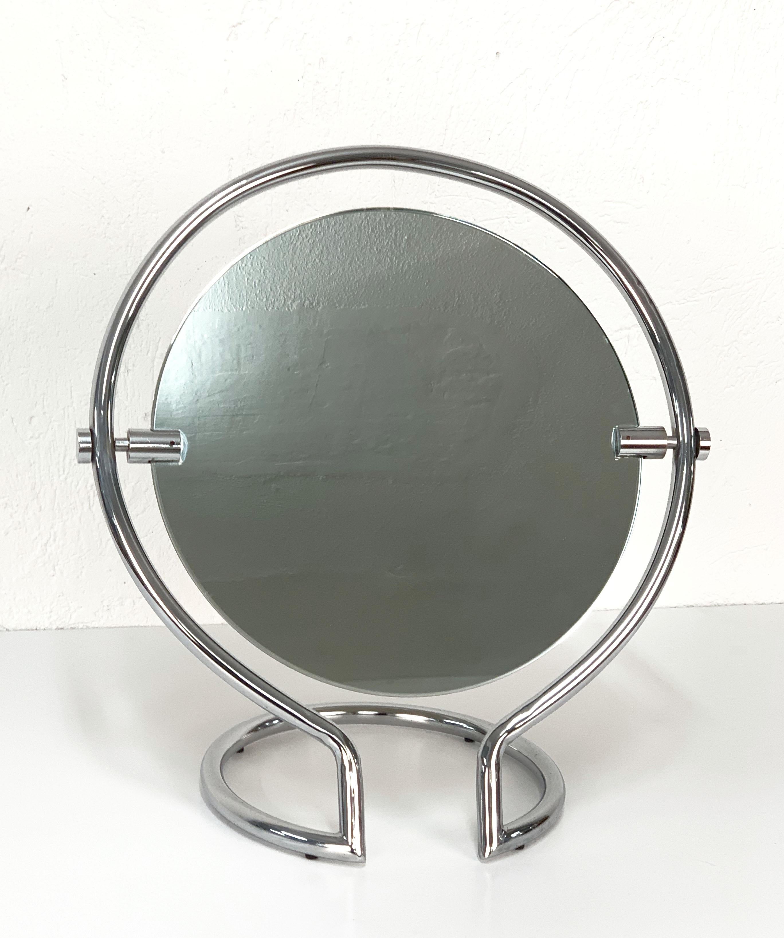 Midcentury Double Sided Italian Round Chromed Steel Dressing Mirror, 1970s For Sale 3