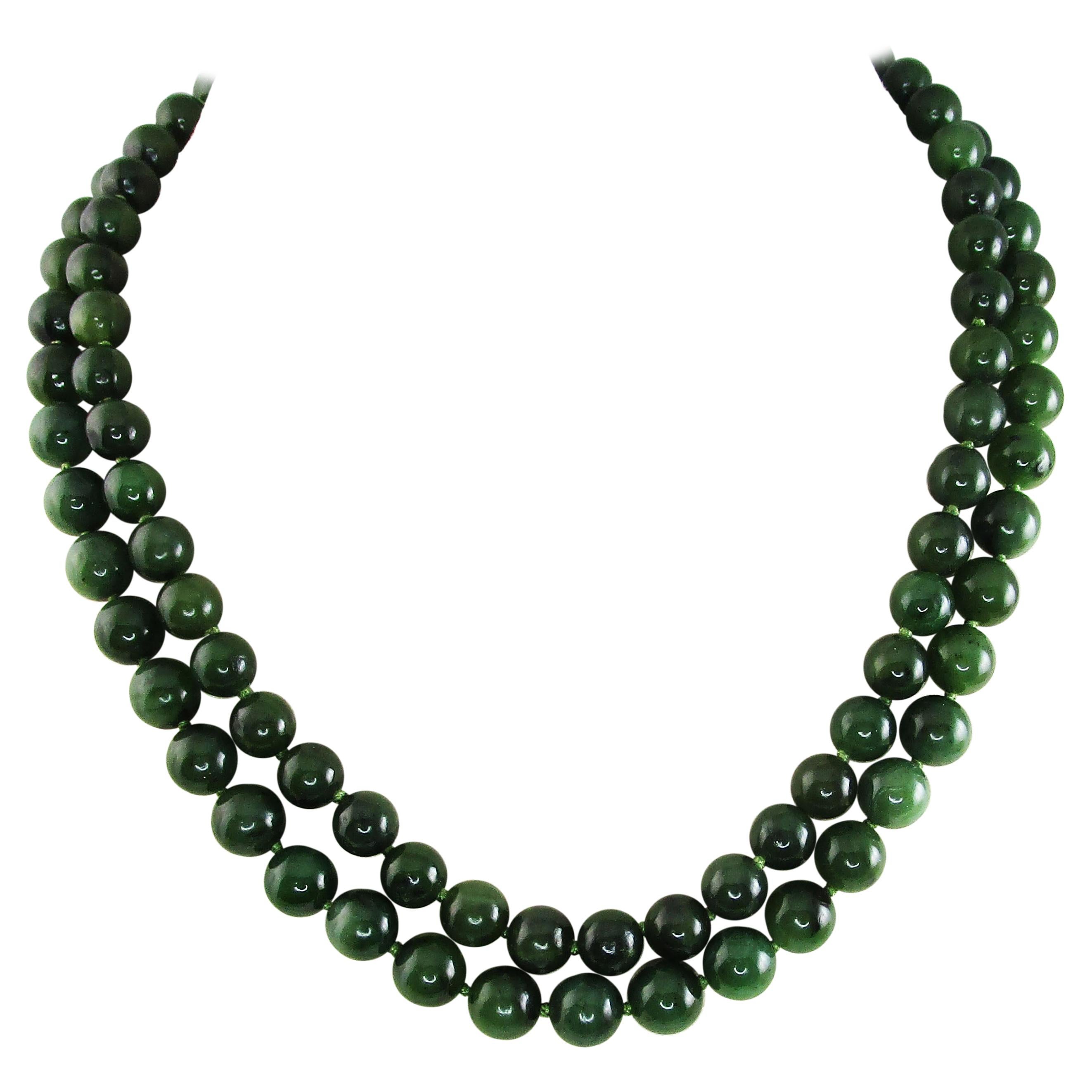 Midcentury Double Strand Jade Necklace with 14 Karat Gold Clasp