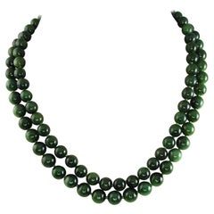 Retro Midcentury Double Strand Jade Necklace with 14 Karat Gold Clasp