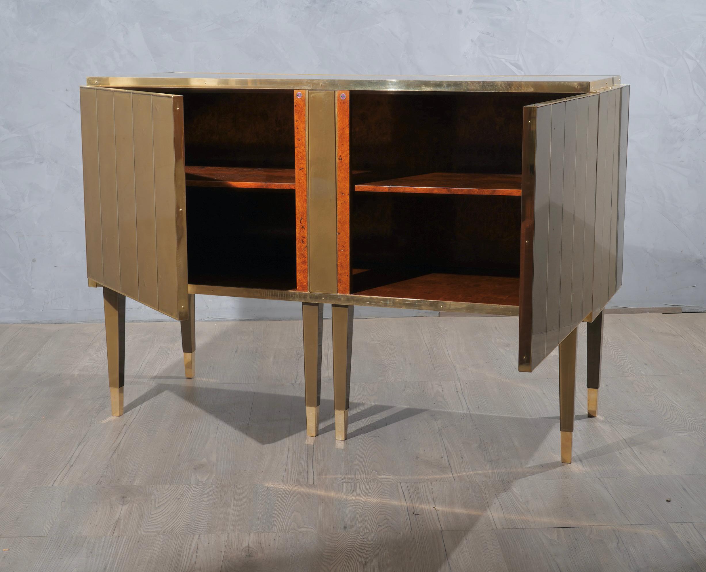 Italian Midcentury Dove-Gray Colored Glass and Brass Sideboards, 2021