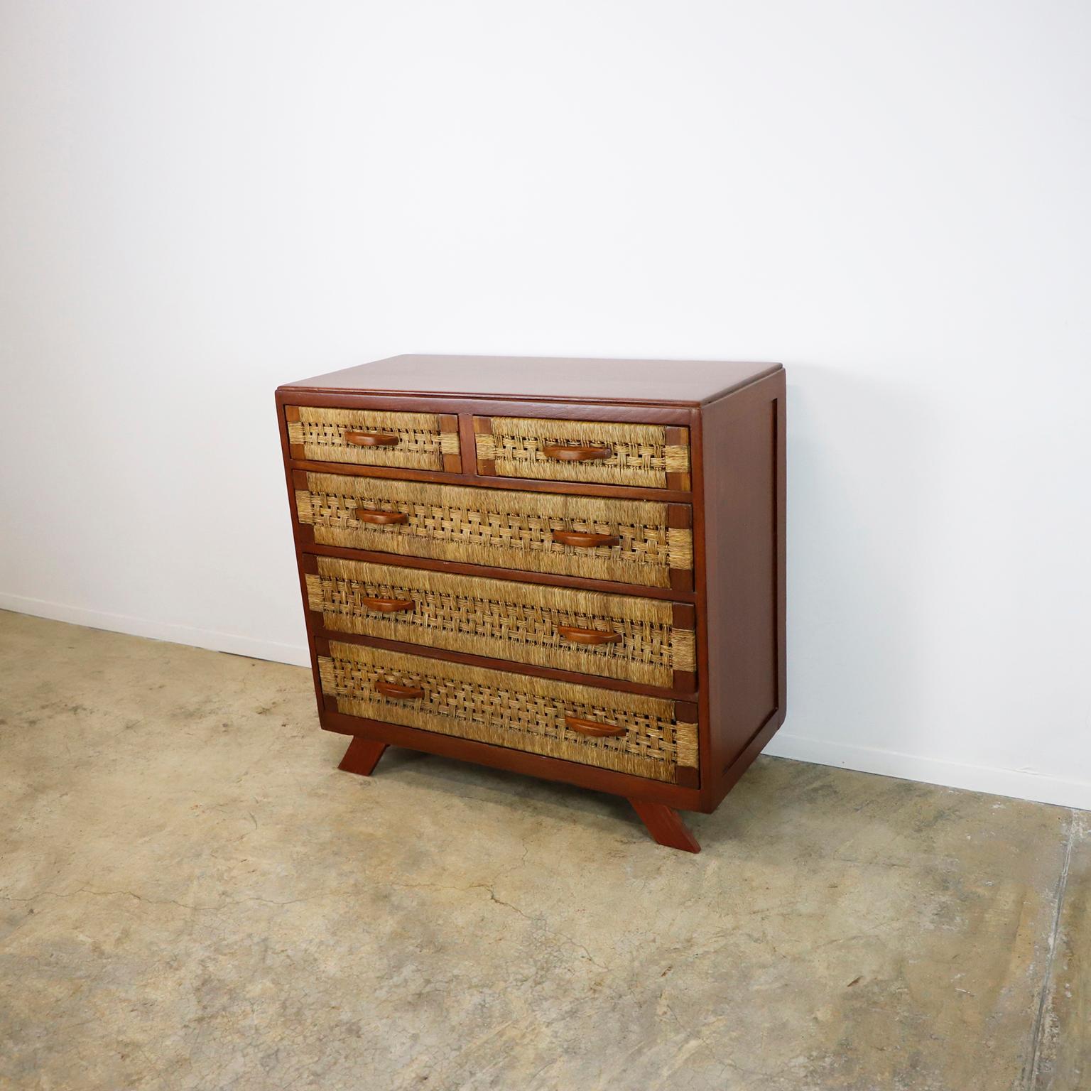 We offer this midcentury Drawer in the style of Clara Porset made in solid wood and palm cords, circa 1960. Great vintage condition. The wood has been professionally refinished.