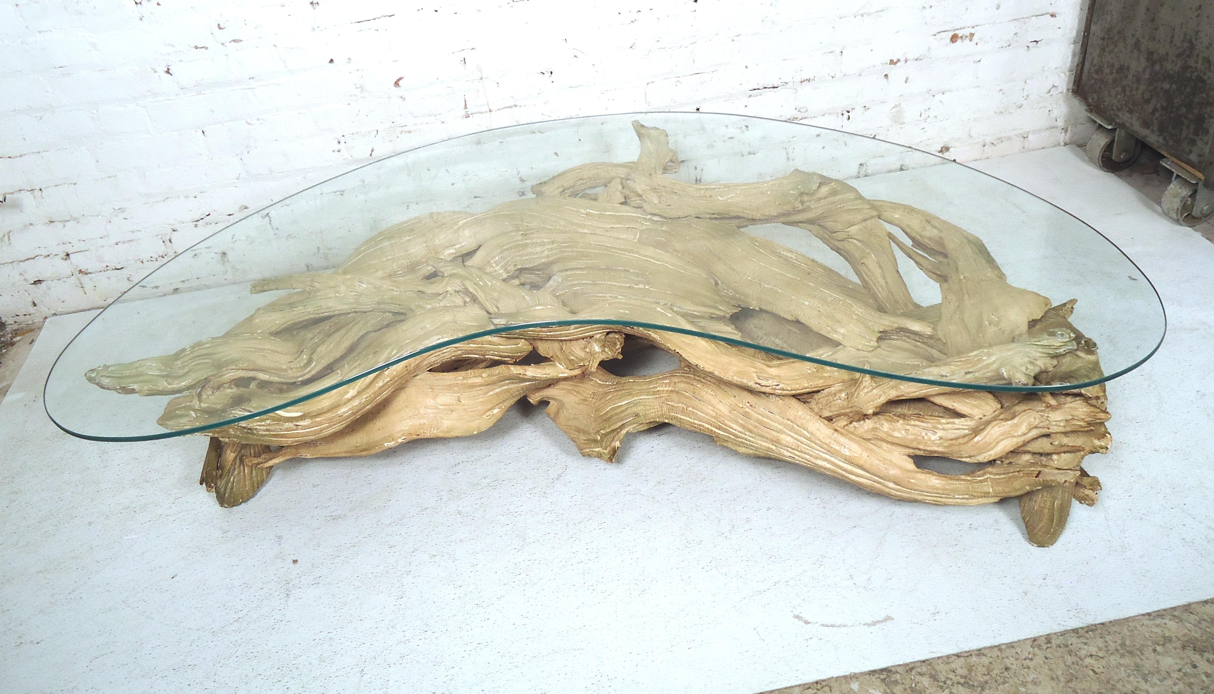 Sculptural midcentury driftwood coffee table with kidney shape glass top. Please confirm item location (NY or NJ) with dealer.