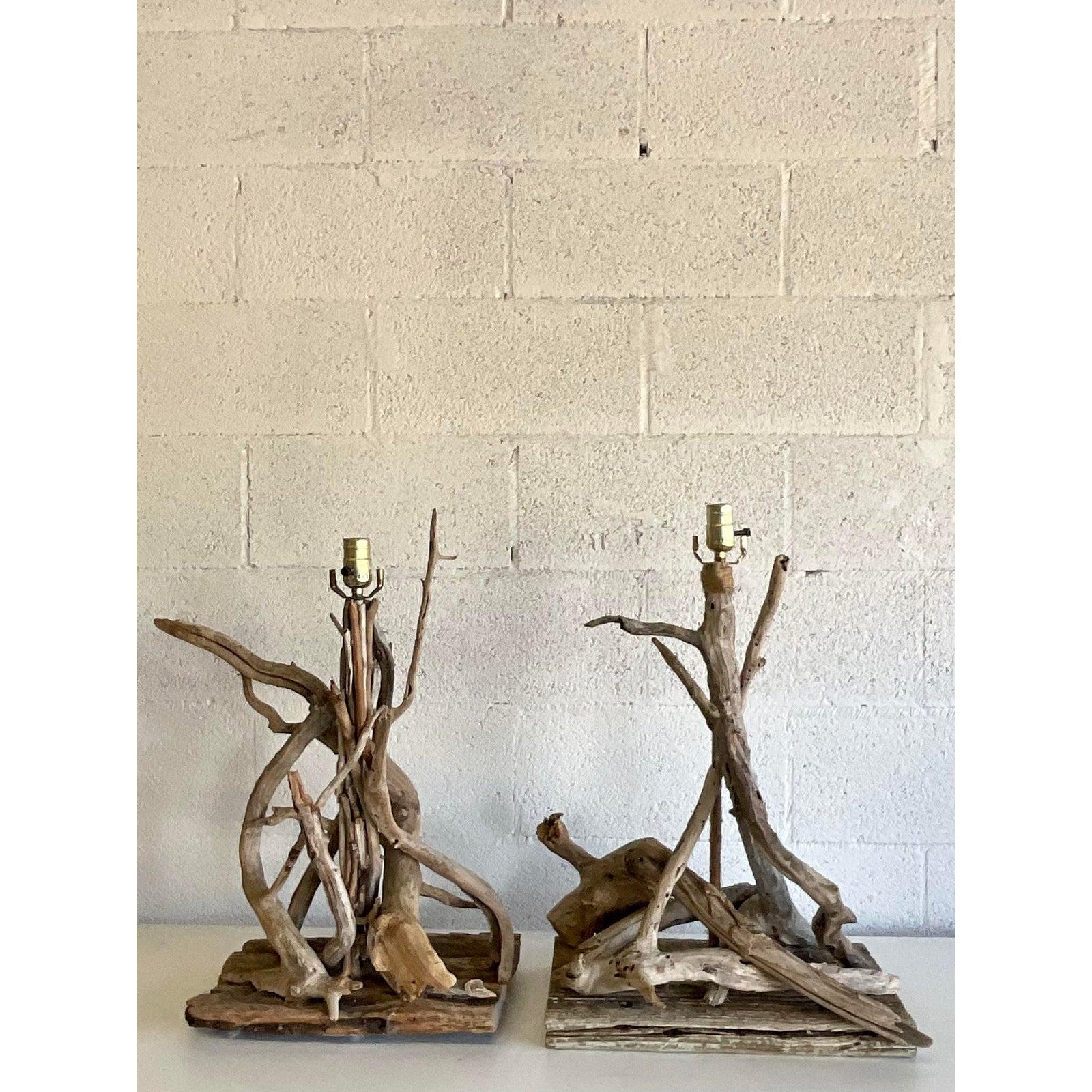 Brutalist Mid-Century Driftwood Table Lamps, a Pair