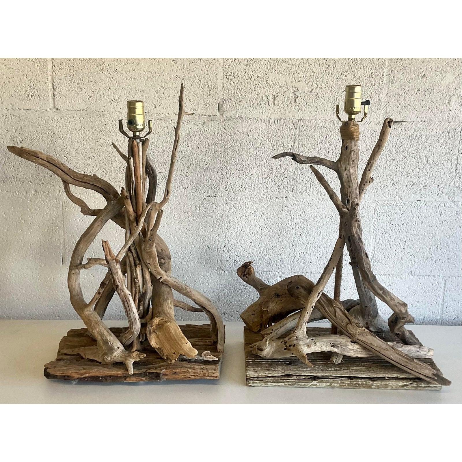 20th Century Mid-Century Driftwood Table Lamps, a Pair