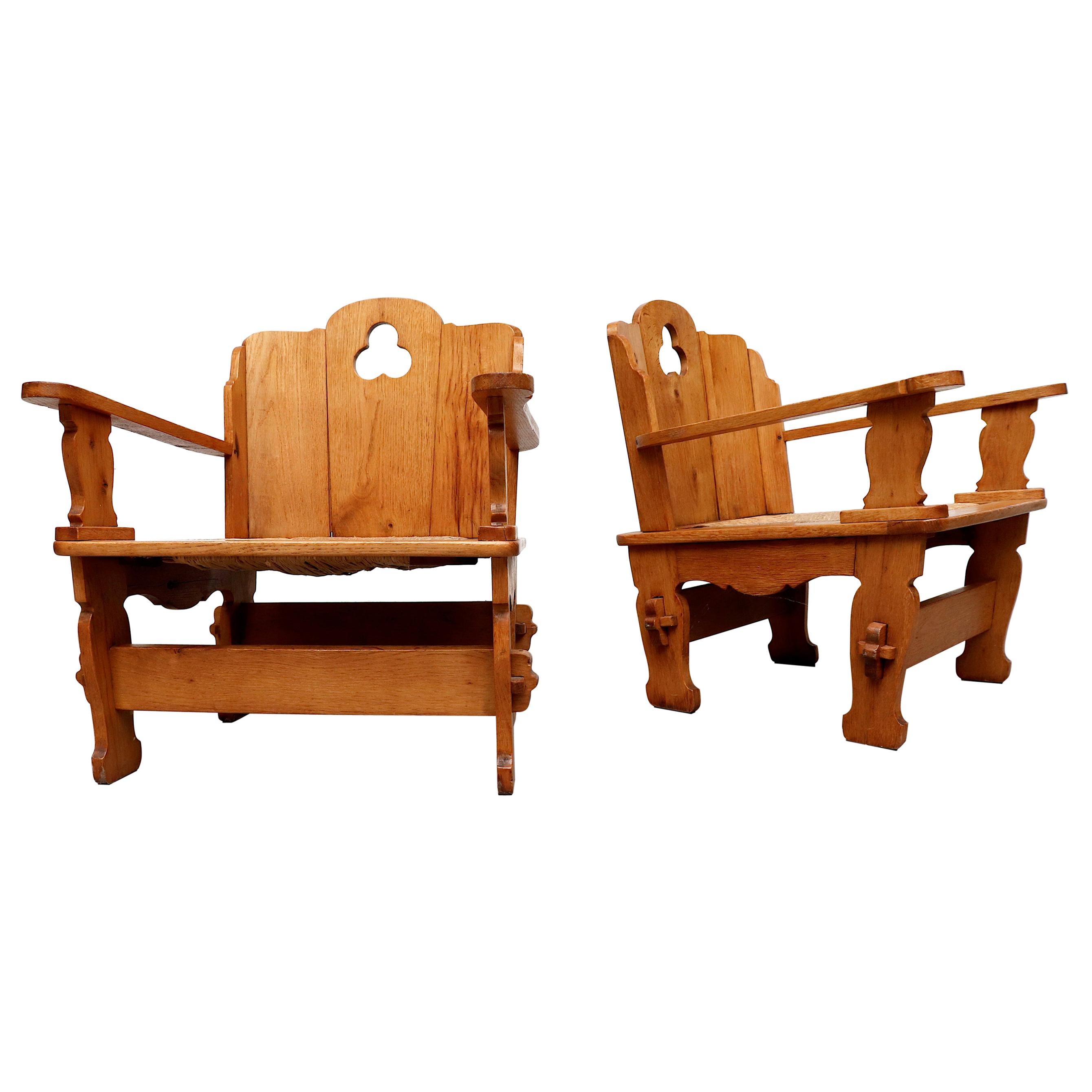 Midcentury Dutch Country Pine Throne Chairs
