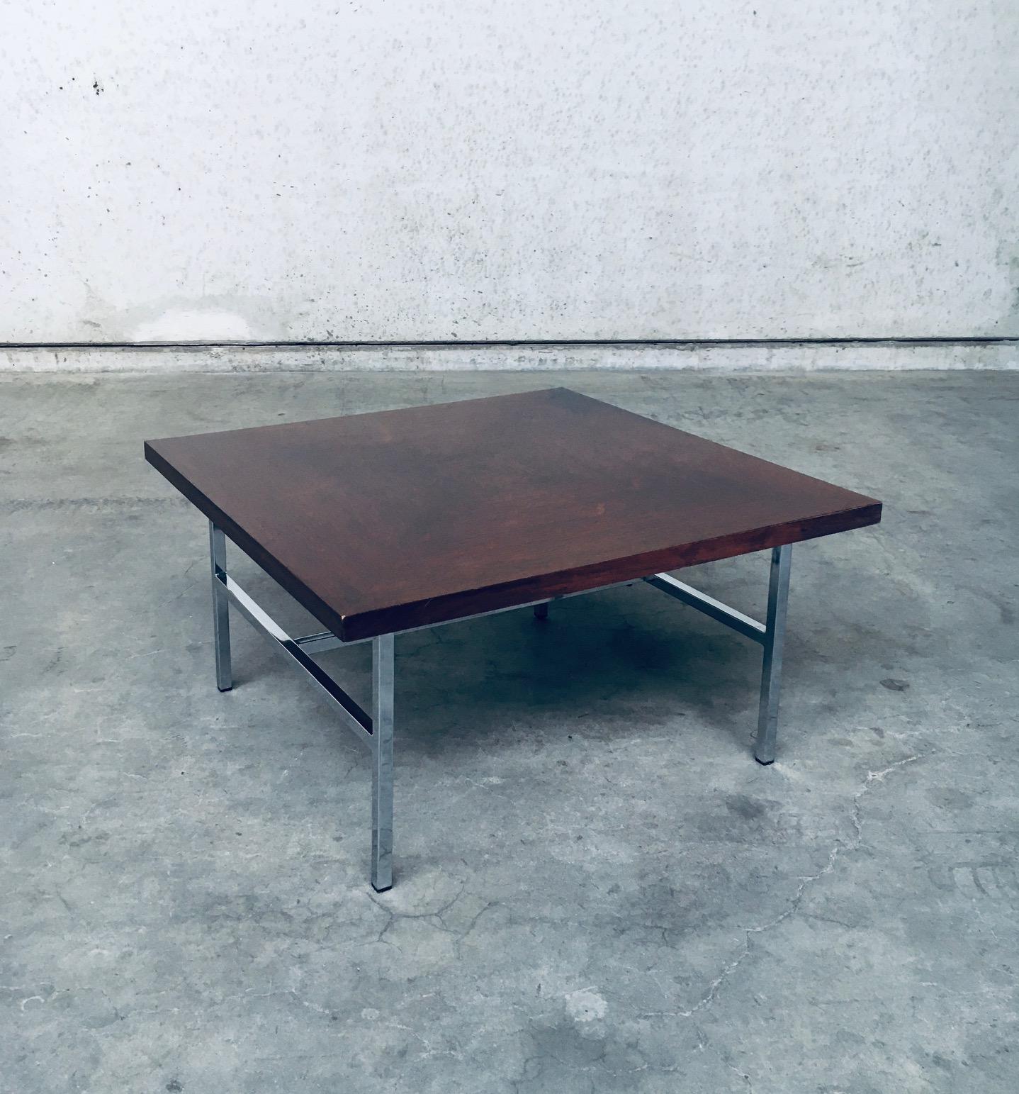 Vintage Midcentury Modern Dutch Design Square Coffee Table. Made in the Netherlands, 1960's. Teak colored veneer diamond shape inlay top with chome steel square base. This comes in very good, all original condition. One small chip at one side corner