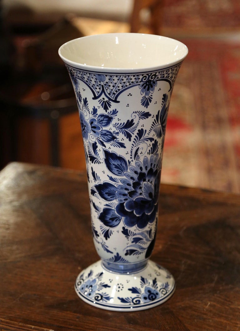 Midcentury Dutch Hand Painted Blue and White Delft Faience Vase with ...