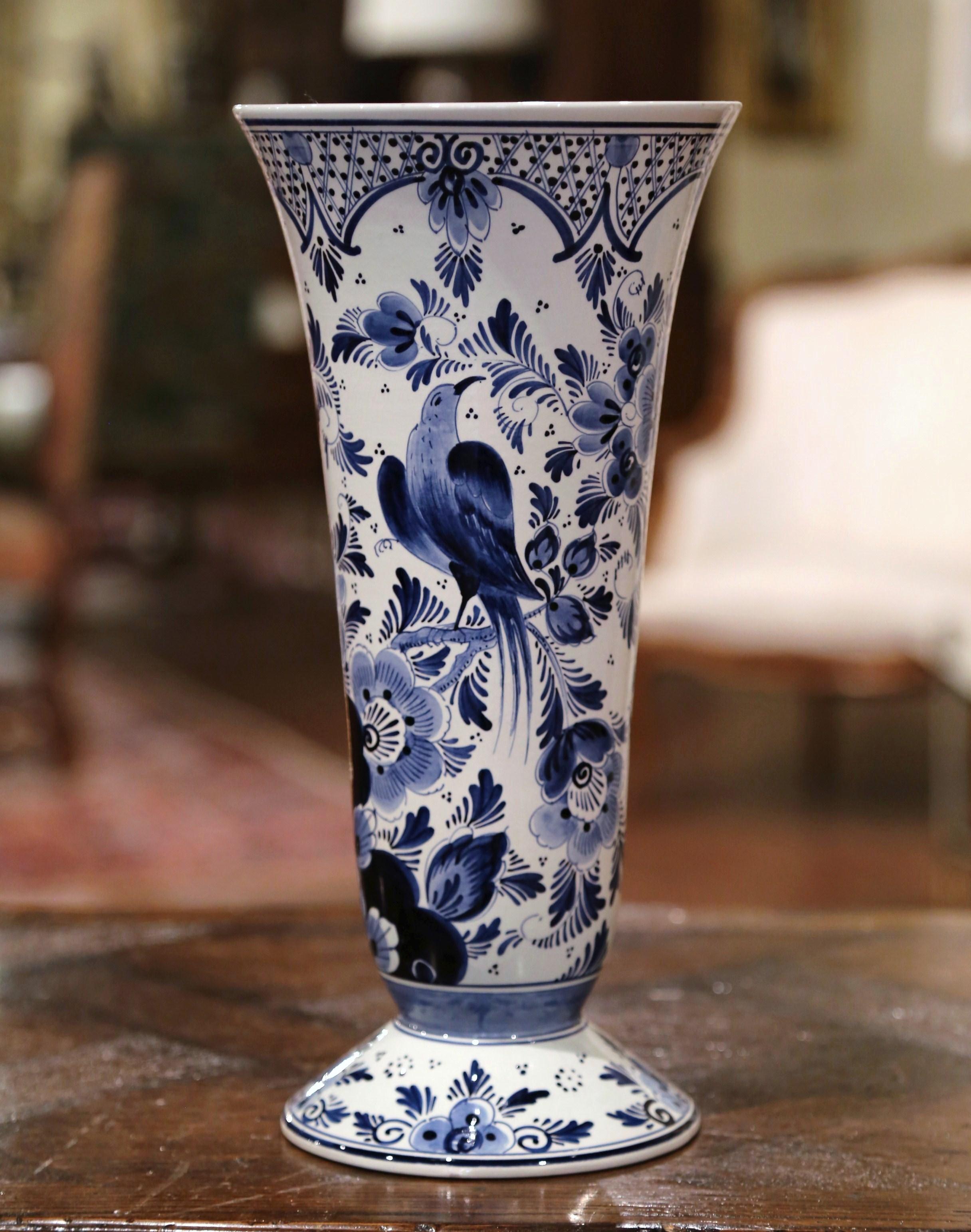 Hand-Crafted Midcentury Dutch Hand Painted Blue and White Delft Faience Vase with Bird Motif
