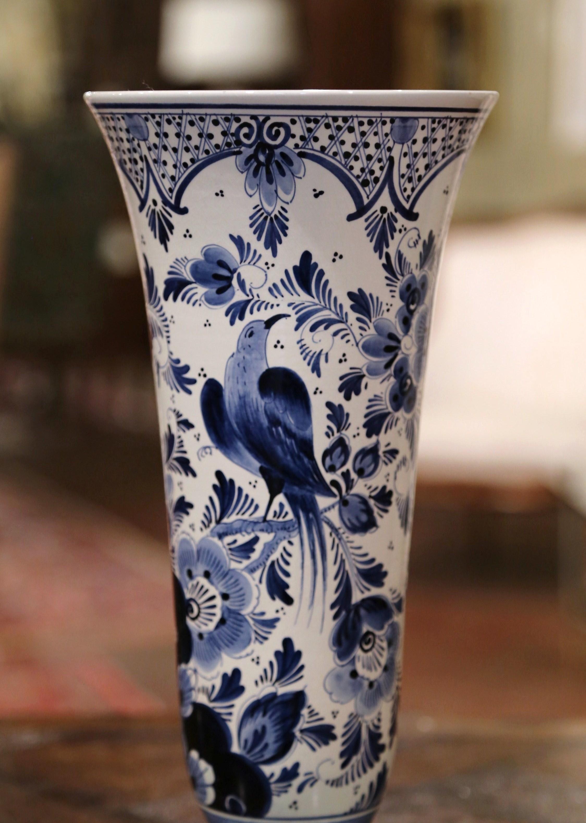 Midcentury Dutch Hand Painted Blue and White Delft Faience Vase with Bird Motif In Excellent Condition In Dallas, TX