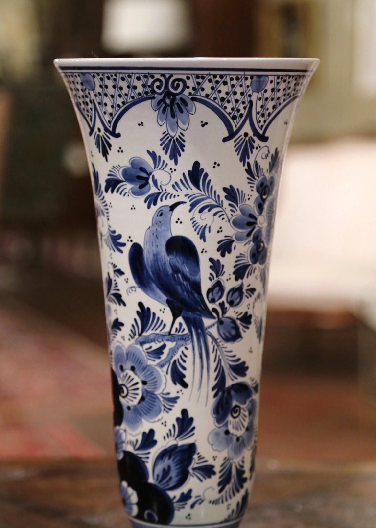 Midcentury Dutch Hand Painted Blue and White Delft Faience Vase with ...