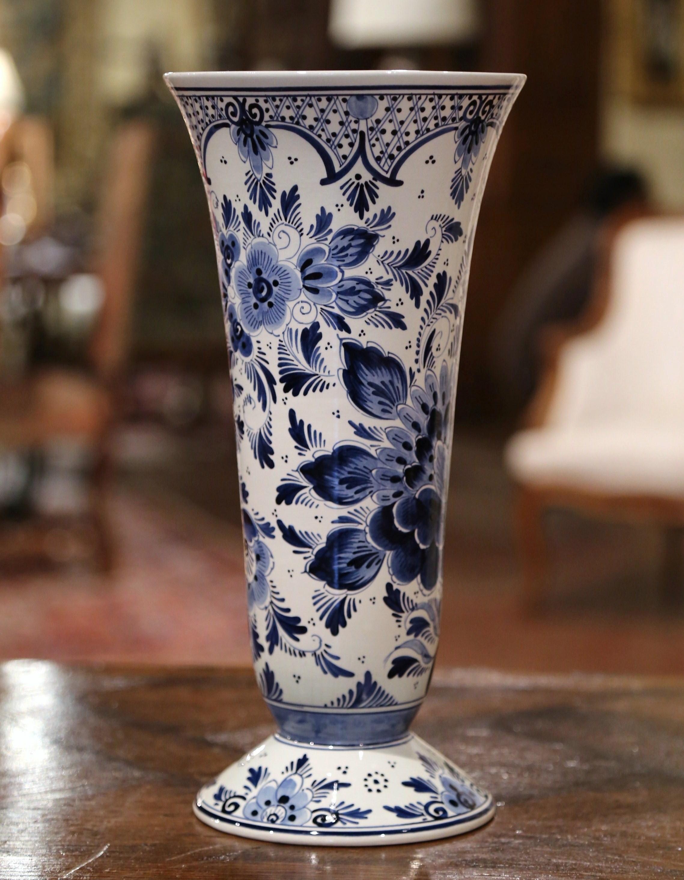 20th Century Midcentury Dutch Hand Painted Blue and White Delft Faience Vase with Bird Motif