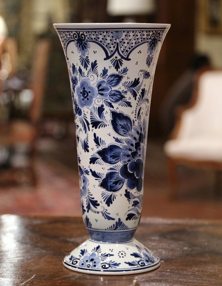 Midcentury Dutch Hand Painted Blue and White Delft Faience Vase with ...