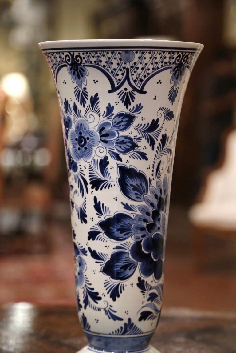Midcentury Dutch Hand Painted Blue and White Delft Faience Vase with ...