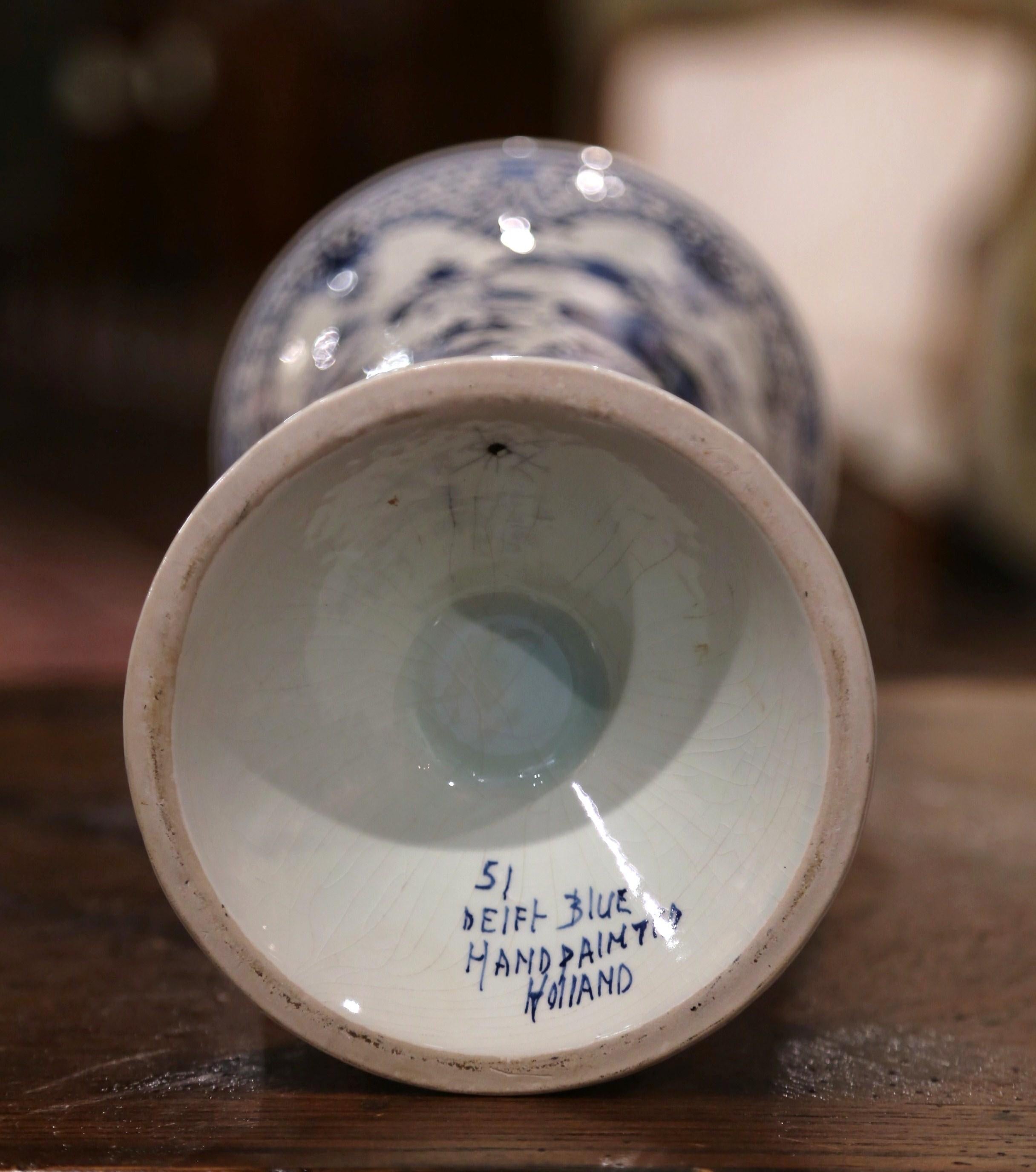 Midcentury Dutch Hand Painted Blue and White Delft Faience Vase with Bird Motif 1