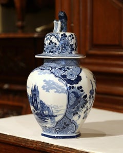 Midcentury Dutch Hand-Painted Blue and White Faience Delft Ginger Jar with Lid