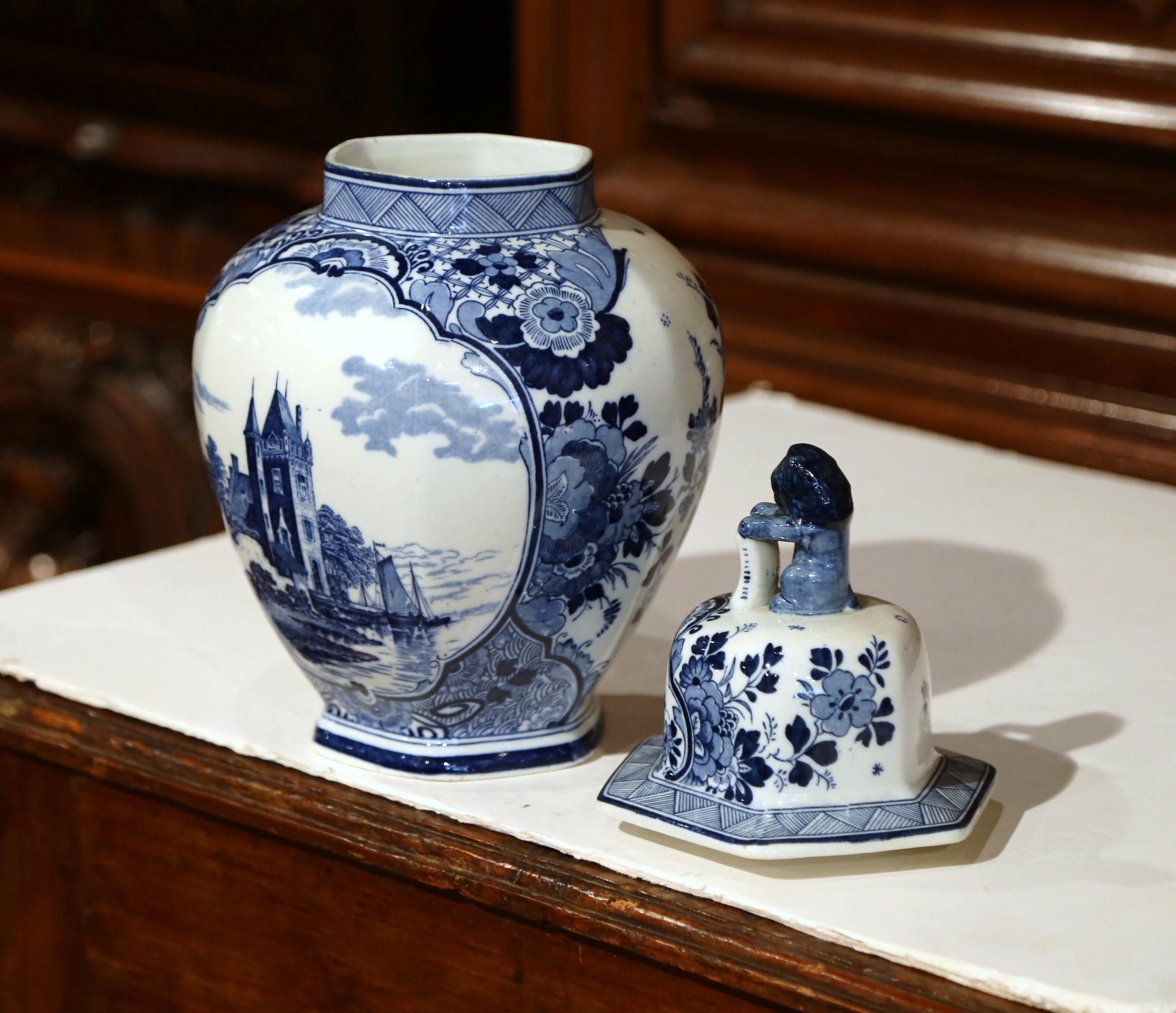 Hand-Crafted Midcentury Dutch Hand-Painted Blue and White Faience Delft Ginger Jar with Lid