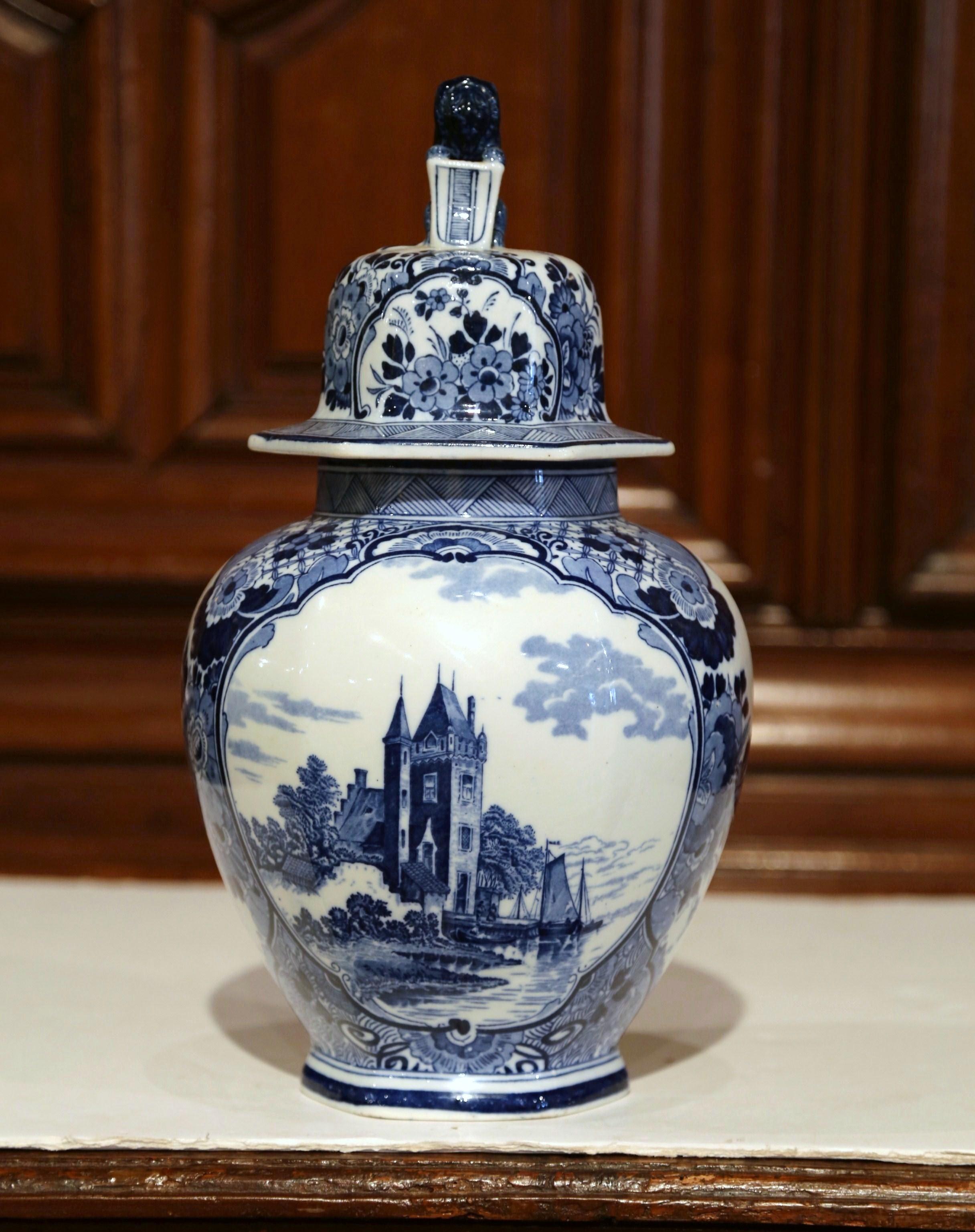 Midcentury Dutch Hand-Painted Blue and White Faience Delft Ginger Jar with Lid In Excellent Condition In Dallas, TX