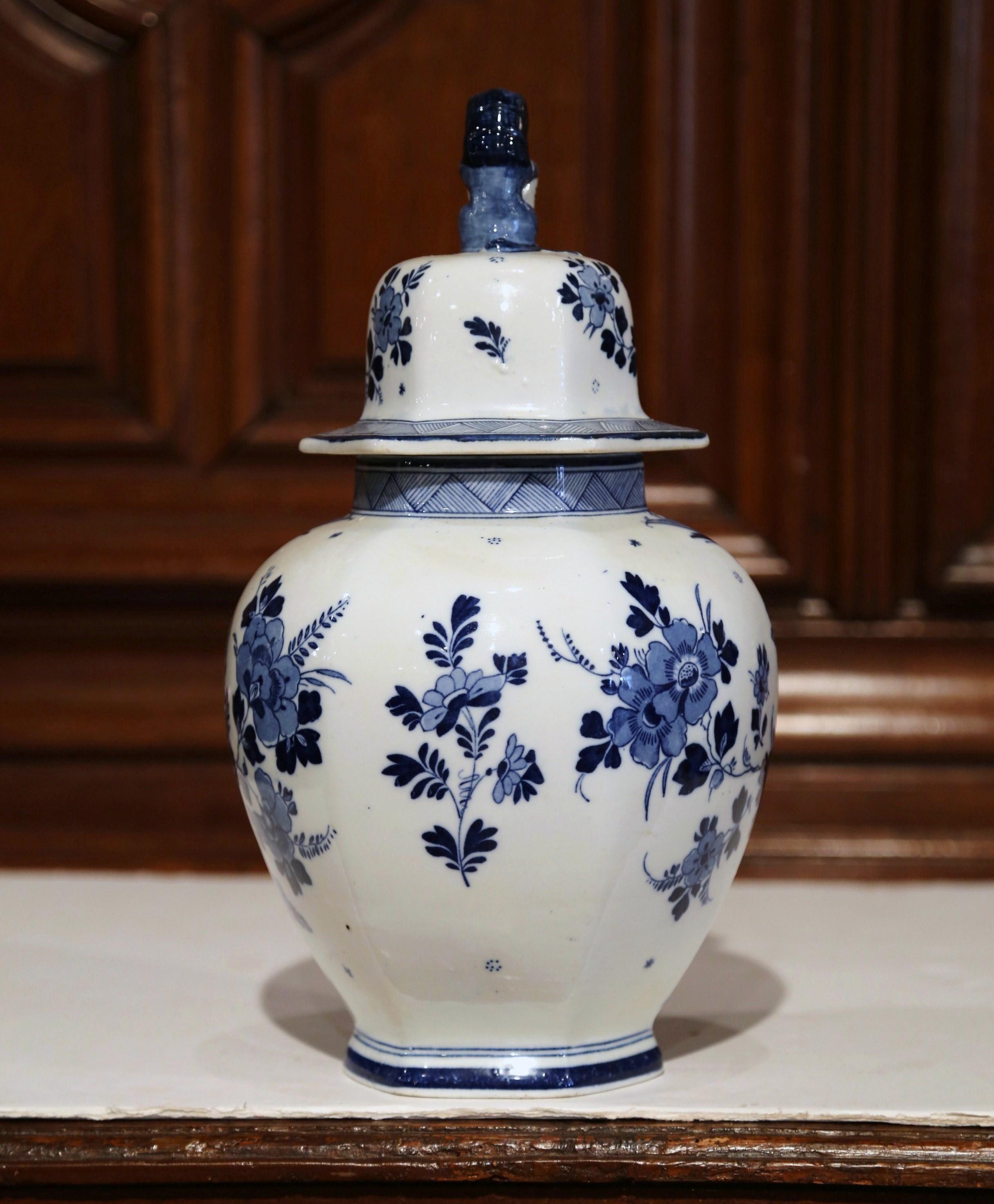20th Century Midcentury Dutch Hand-Painted Blue and White Faience Delft Ginger Jar with Lid
