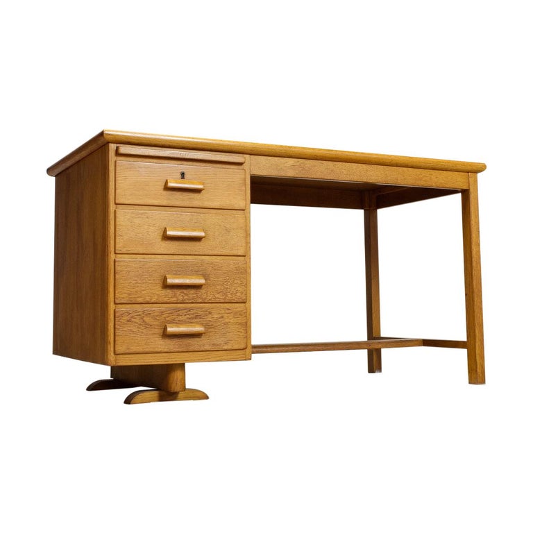 Midcentury Dutch Solid Oak Desk With Extendable Top Haagse School