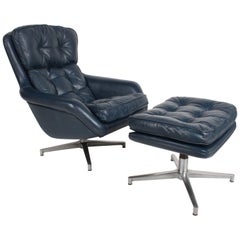 Used Mid-Century DUX Form 7 Swivel Blue Leather Lounge & Ottoman Des. Alf Svensson