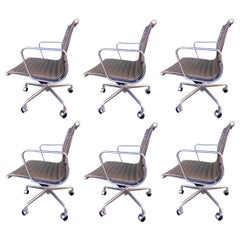 Midcentury Eames Aluminum Group Chairs in Tan / Brown Leather