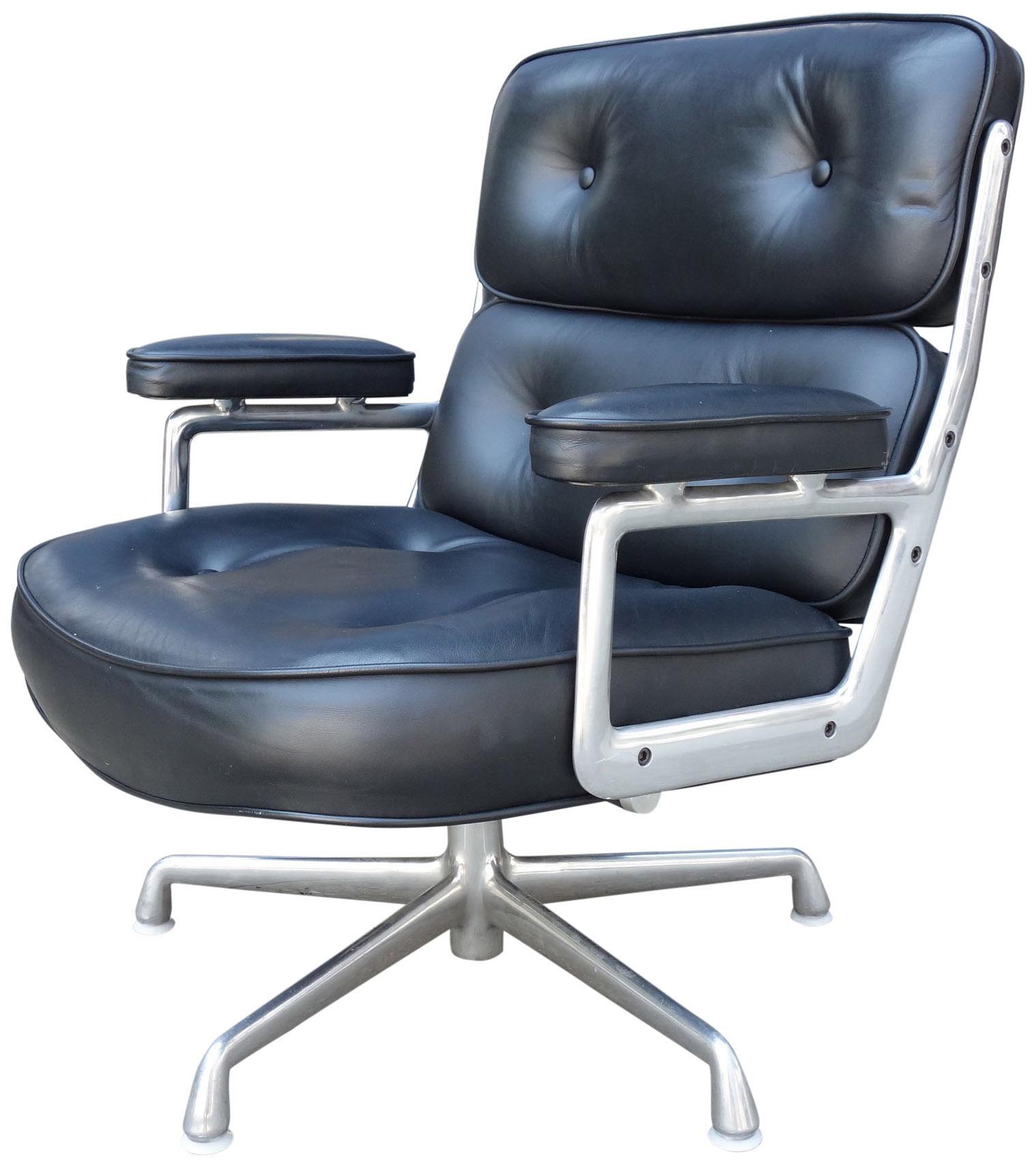 Eames designed chairs for New York's Time-Life Building in the late 1950s. These examples are from the late 1990s. Different then the aluminum group or soft pad chairs, this chair is the most luxurious executive chair available. A perfect