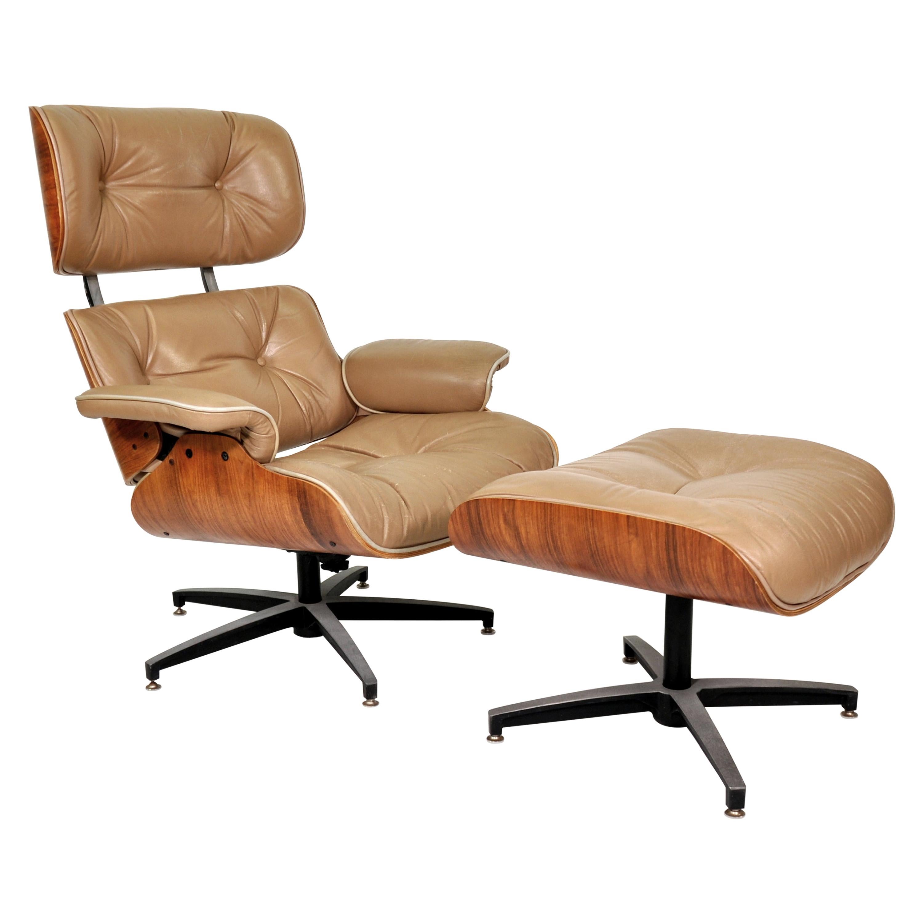 Midcentury Eames Style Leather Lounge Chair and Ottoman