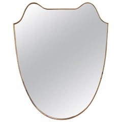 Midcentury Eared Crest-Shaped Italian Wall Mirror with Brass Frame, circa 1950s